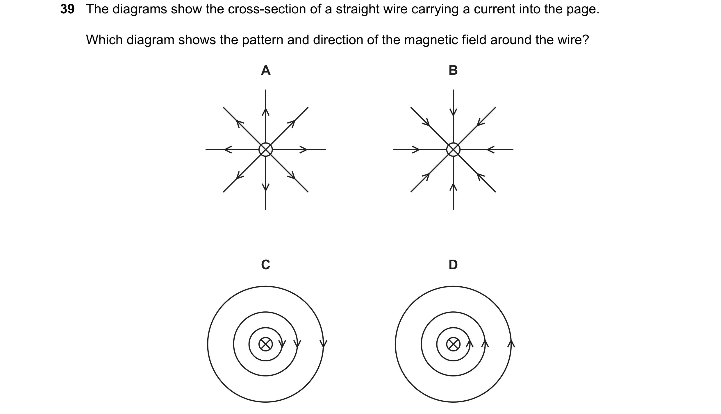 Question 34: The diagrams show the cross-section of a straight wire carrying a current into the page. Which diagram shows the pattern and direction of t…