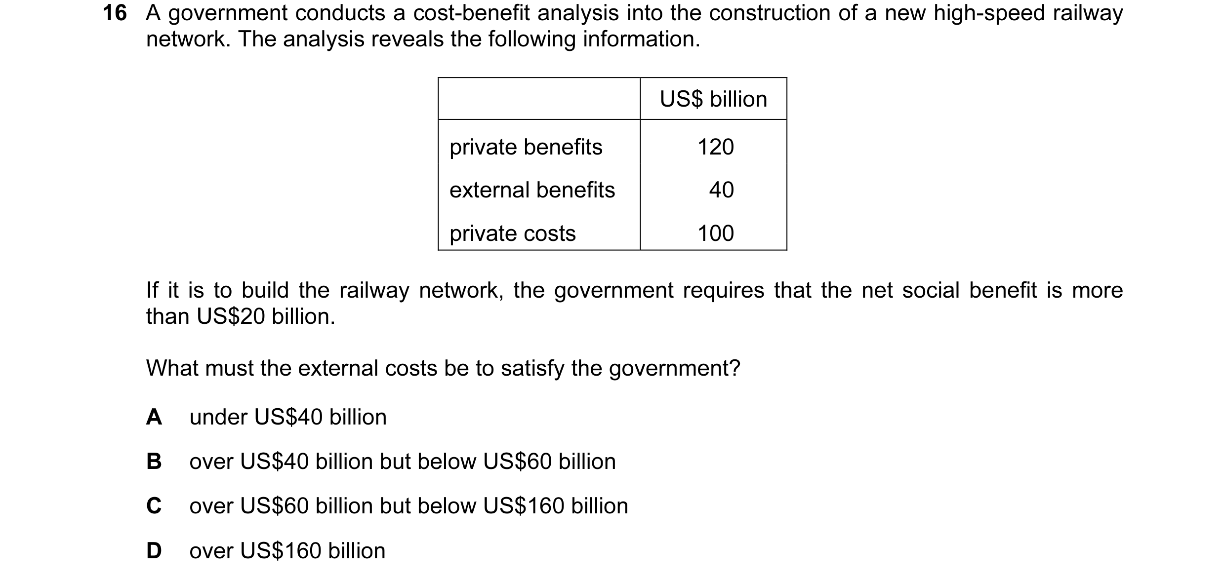 Question 17: A government conducts a cost-benefit analysis into the construction of a new high-speed railway network. The analysis reveals the following…