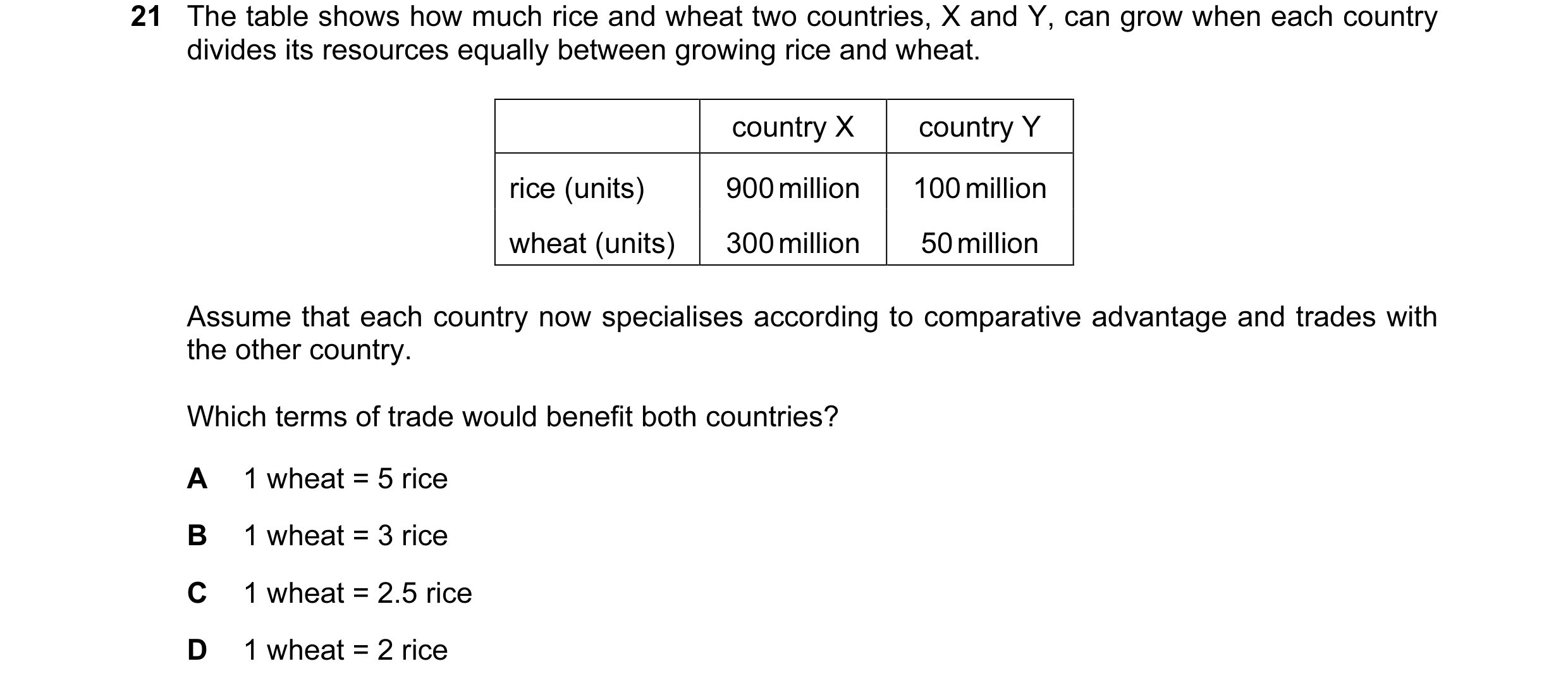 Question 76: The table shows how much rice and wheat two countries, X and Y, can grow when each country divides its resources equally between growing ri…