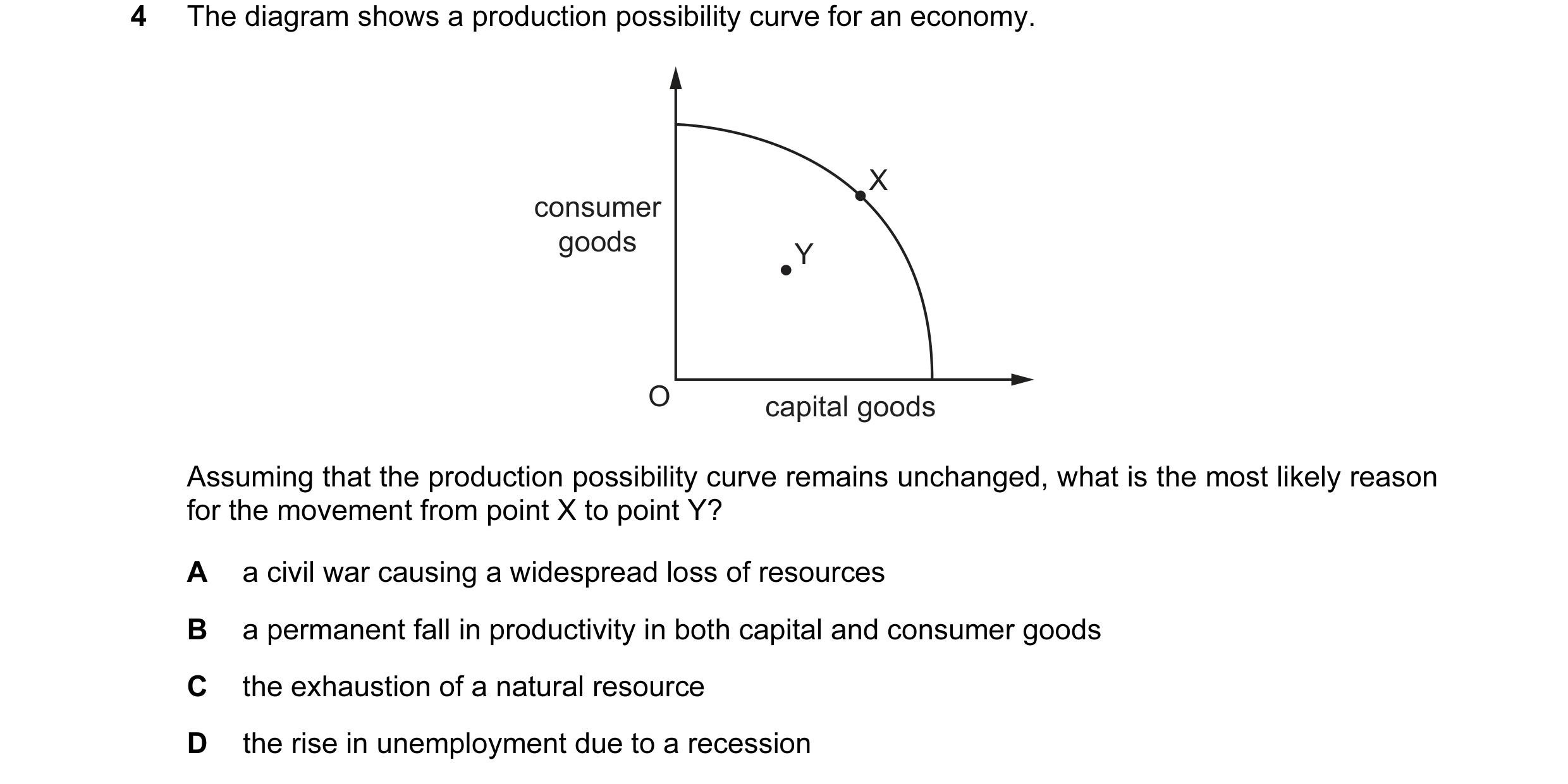 Question 44: The diagram shows a production possibility curve for an economy. X consumer goods Y O capital goods Assuming that the production possibilit…