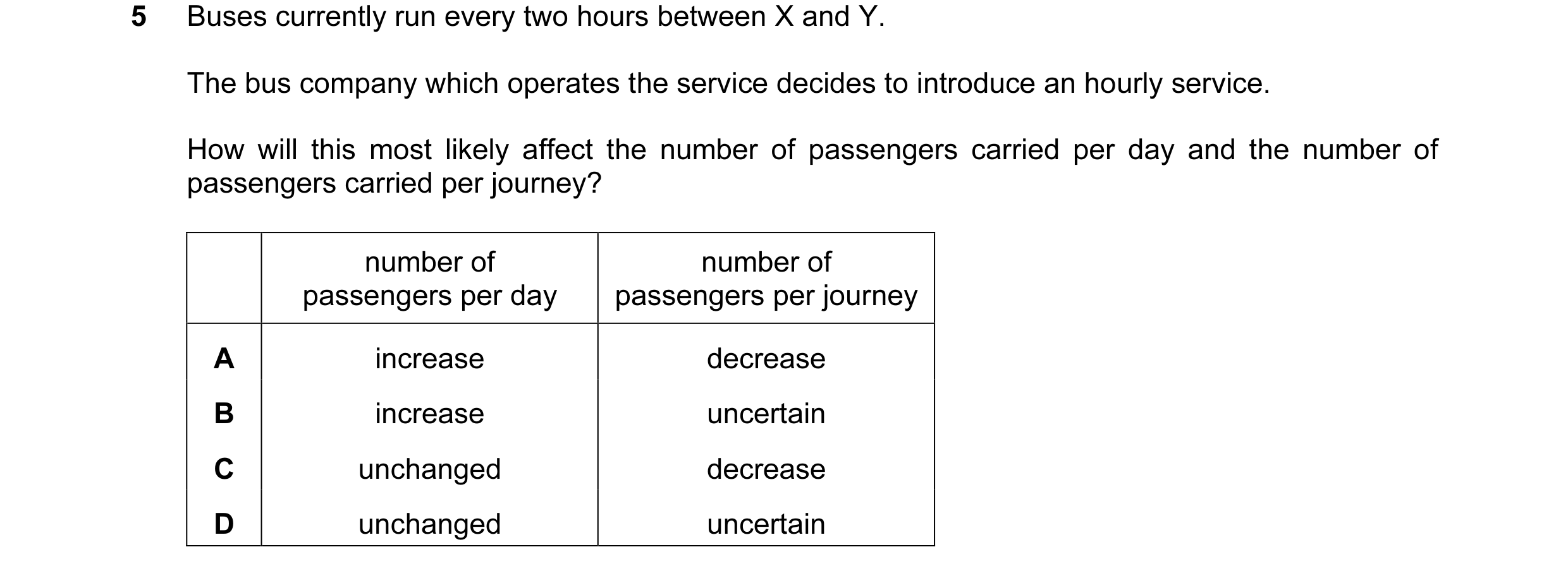 Question 131: Buses currently run every two hours between X and Y. The bus company which operates the service decides to introduce an hourly service. How…