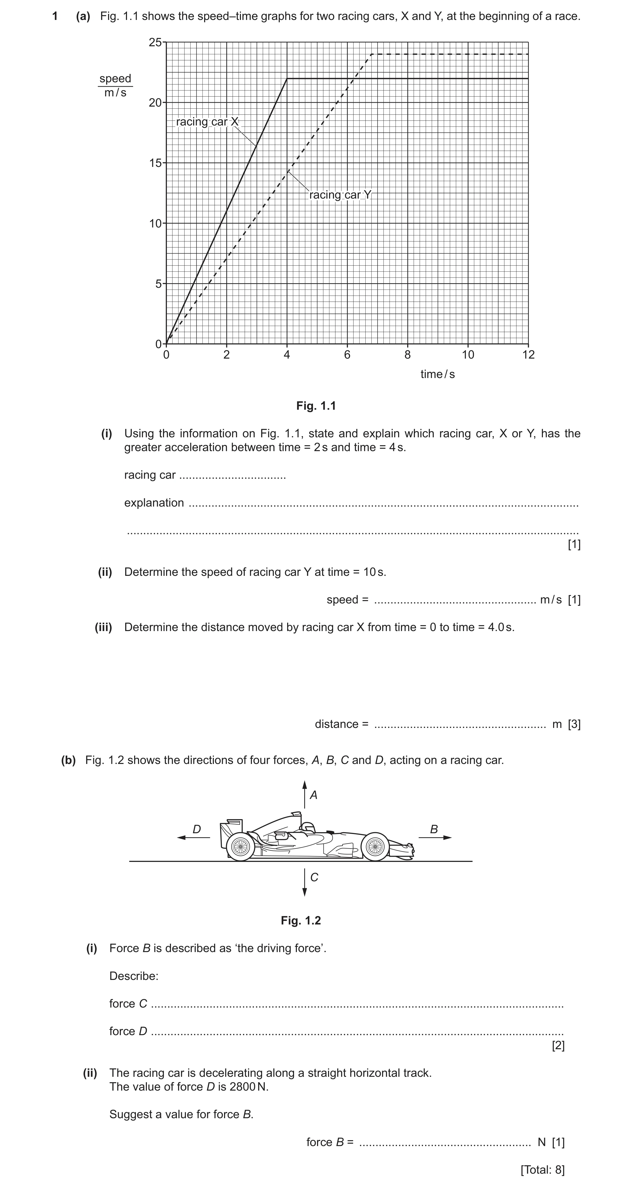Question 71: (a) Fig. 1.1 shows the speed–time graphs for two racing cars, X and Y, at the beginning of a race. 25 speed m / s 20 racingracing carcar XX…