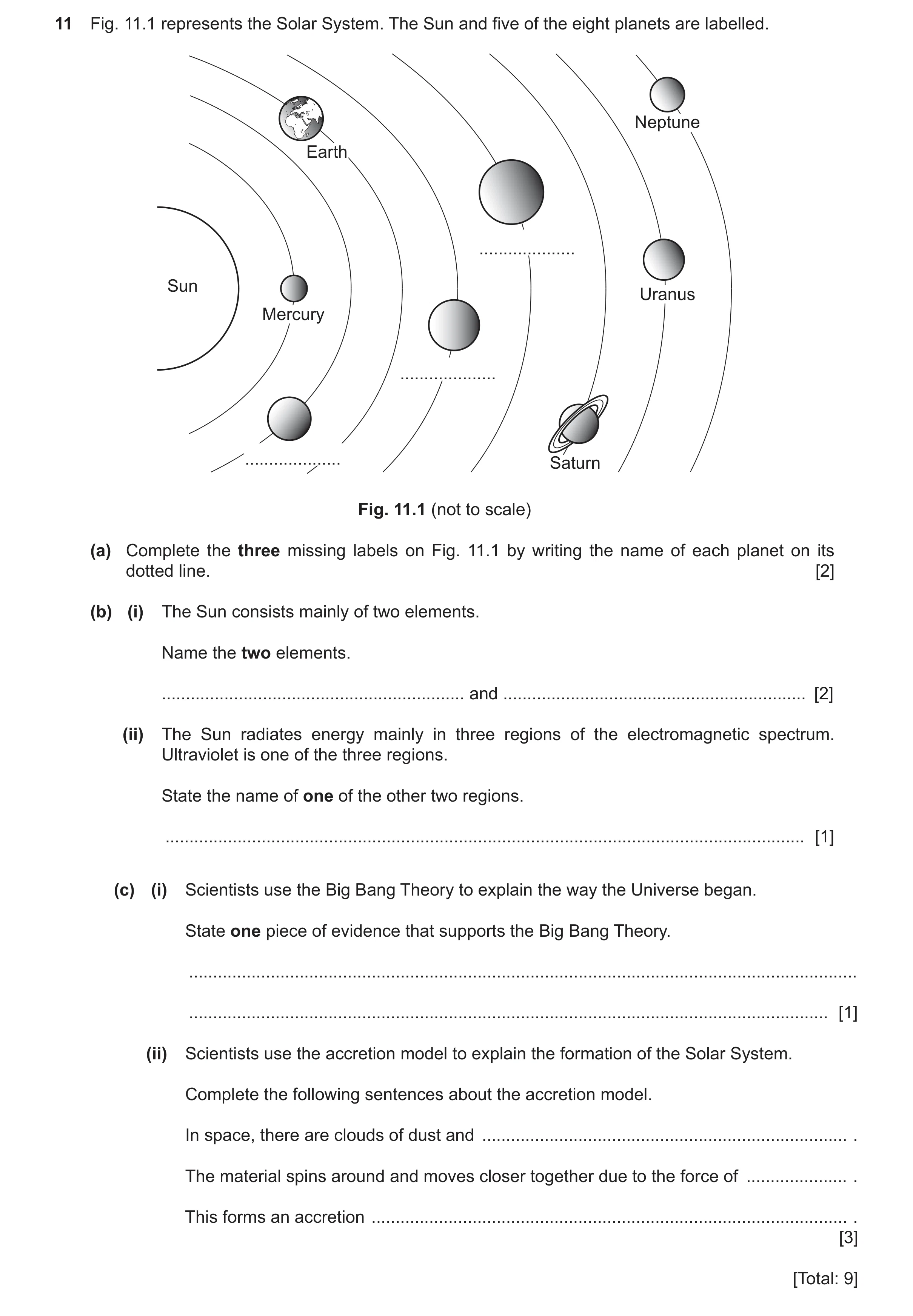Question 16: Fig. 11.1 represents the Solar System. The Sun and five of the eight planets are labelled. Neptune Earth .................... Sun Uranus Me…