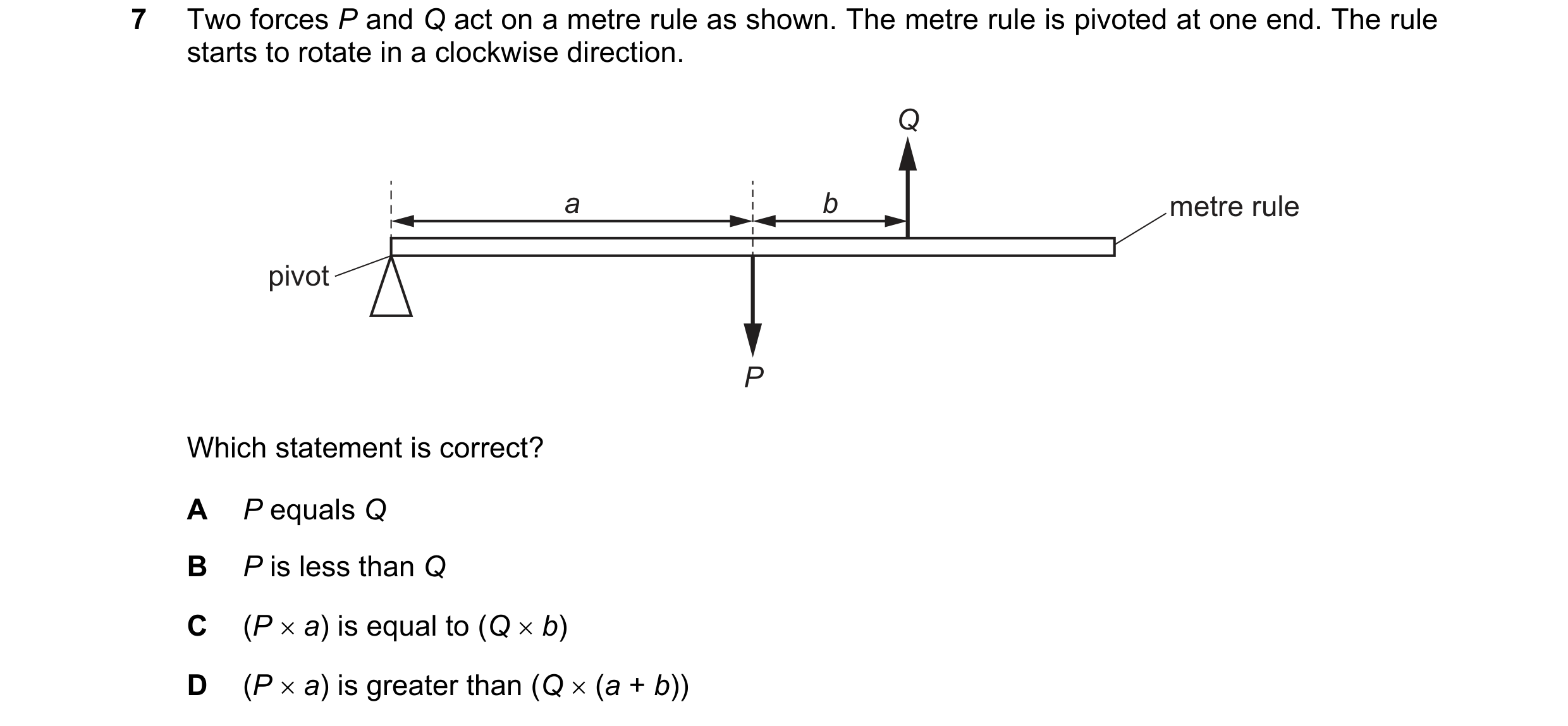 Question 22: Two forces P and Q act on a metre rule as shown. The metre rule is pivoted at one end. The rule starts to rotate in a clockwise direction. …