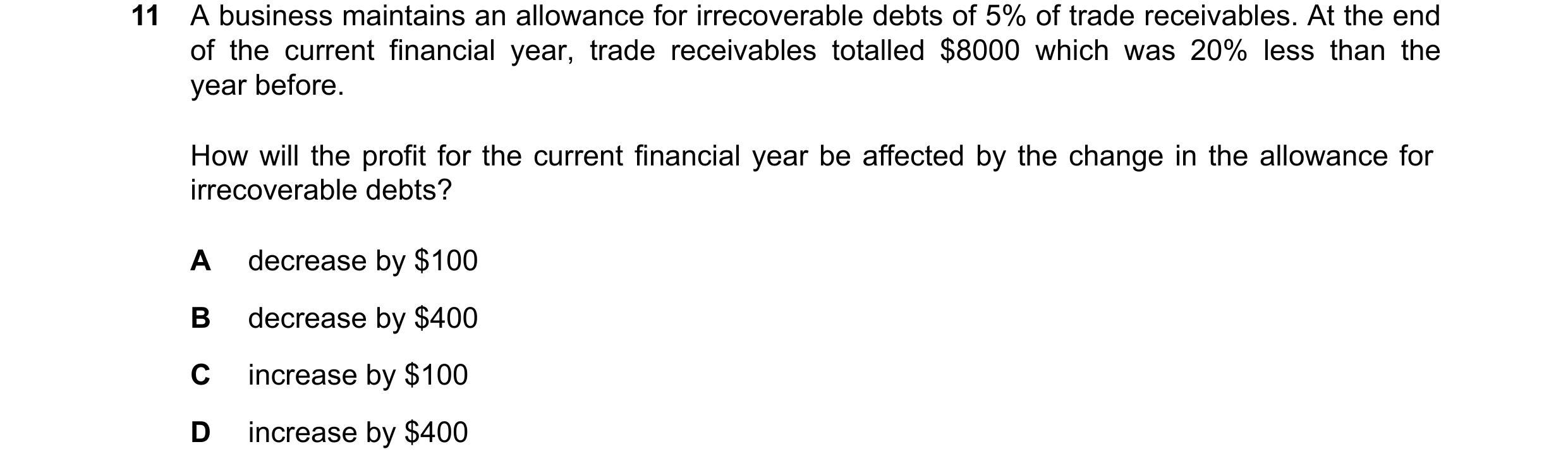 Question 793: A business maintains an allowance for irrecoverable debts of 5% of trade receivables. At the end of the current financial year, trade recei…