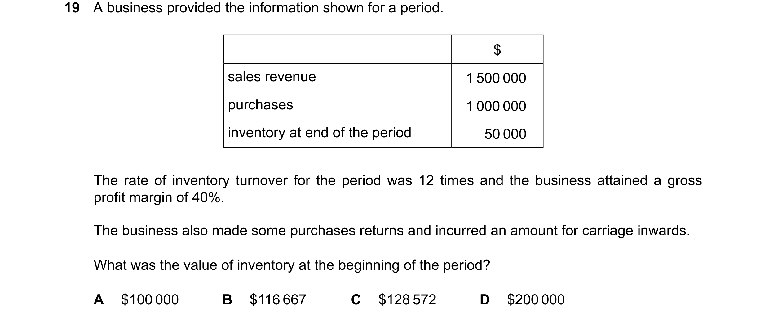 Question 322: A business provided the information shown for a period. $ sales revenue 1 500 000 purchases 1 000 000 inventory at end of the period 50 000…
