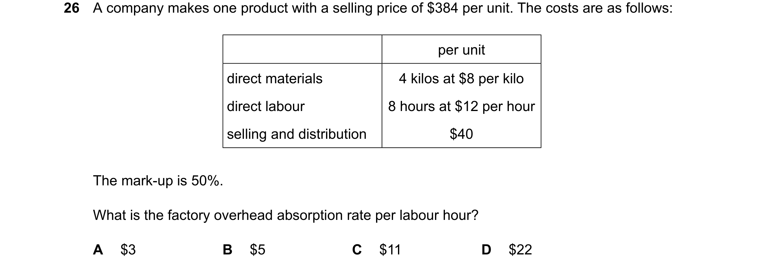 Question 511: A company makes one product with a selling price of $384 per unit. The costs are as follows: per unit direct materials 4 kilos at $8 per ki…