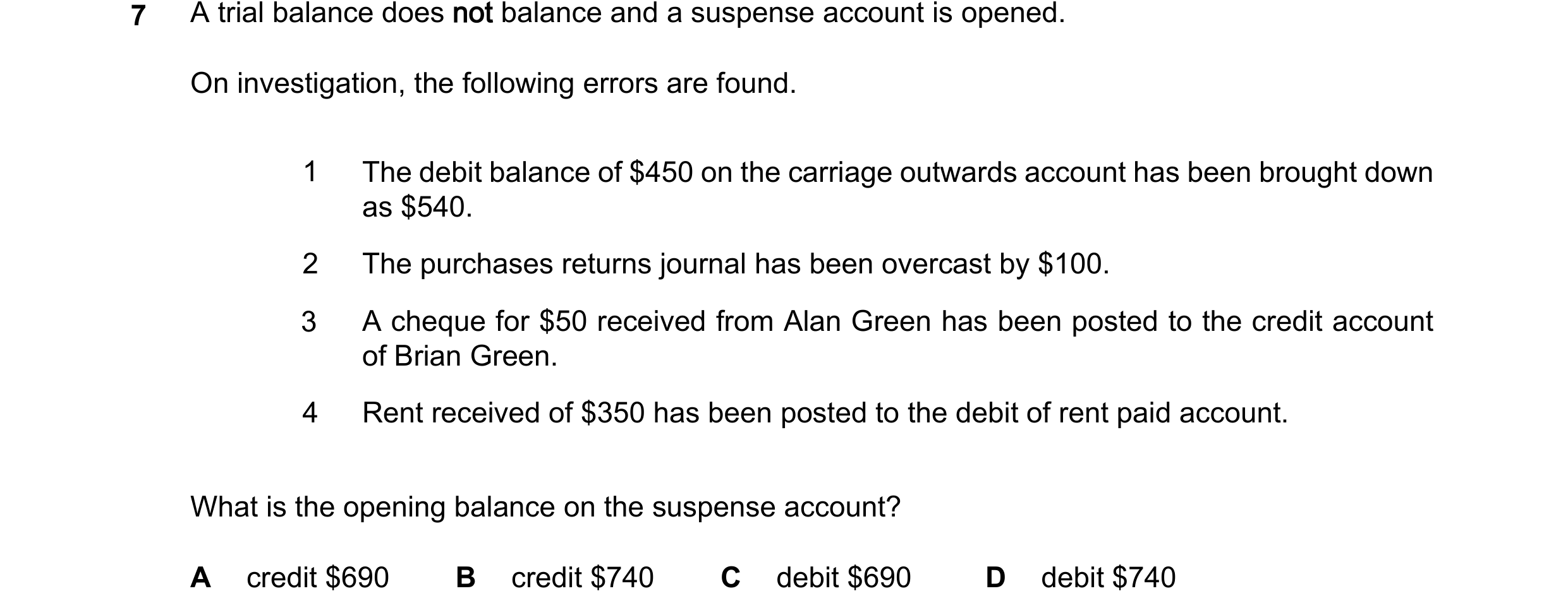 Question 374: On investigation, the following errors are found. 1 The debit balance of $450 on the carriage outwards account has been brought down as $54…