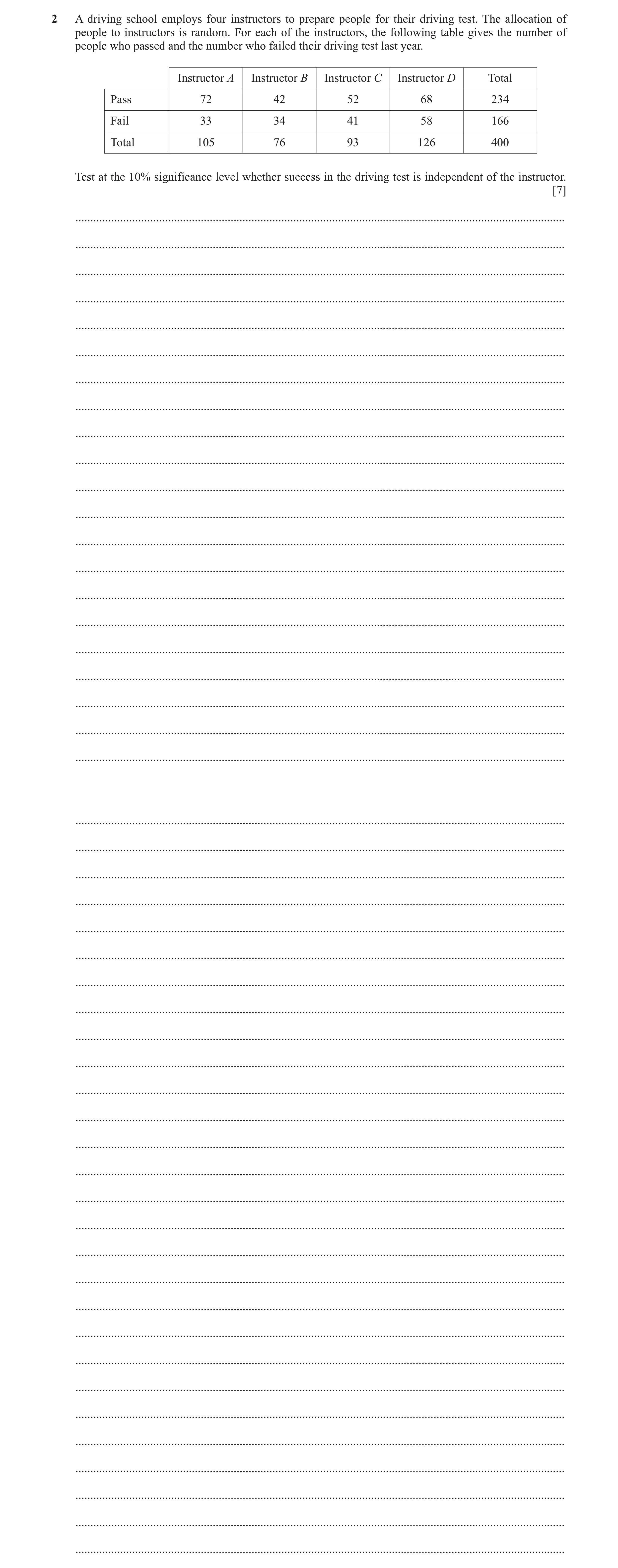 Question 8: A driving school employs four instructors to prepare people for their driving test. The allocation of people to instructors is random. For …