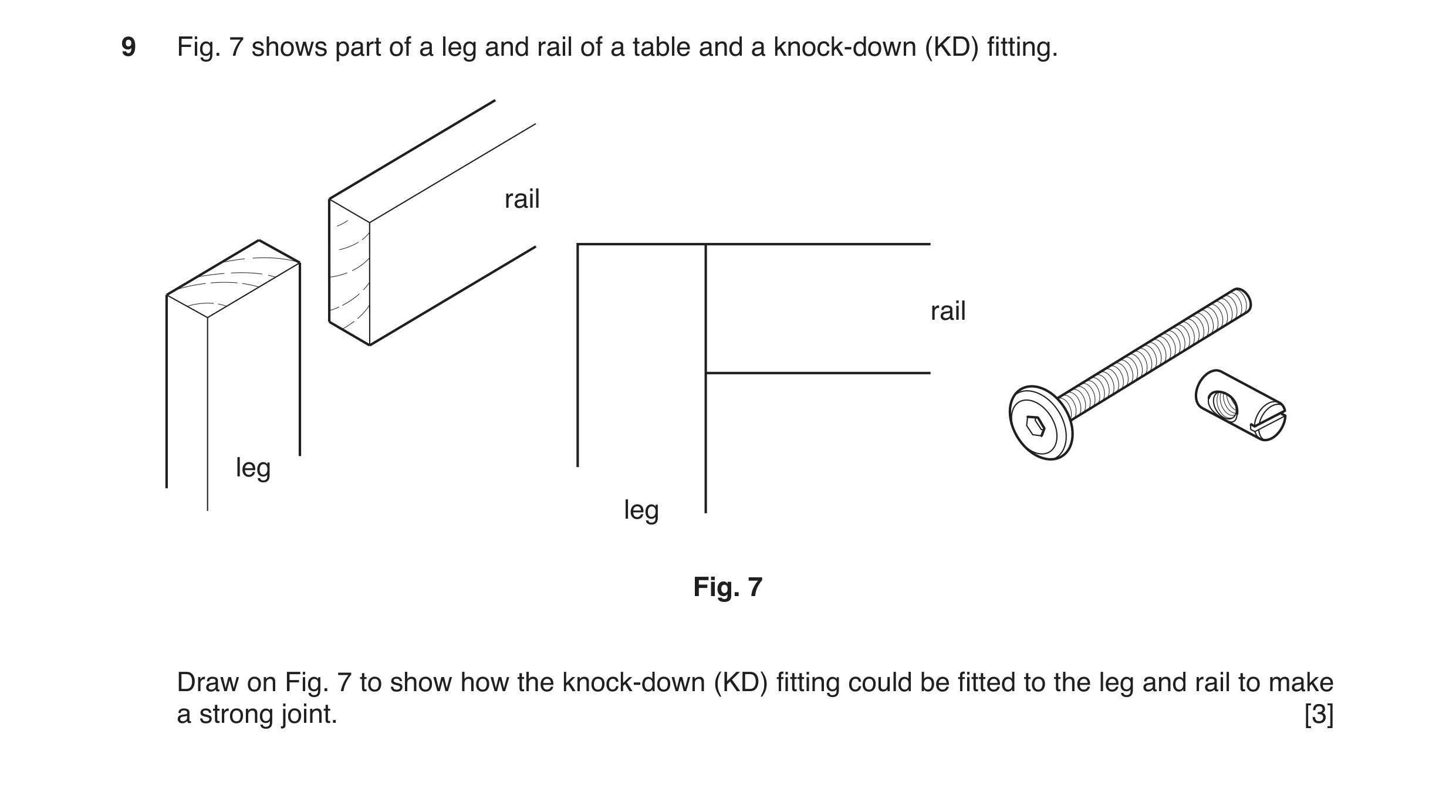 Question 85: Fig. 7 shows part of a leg and rail of a table and a knock-down (KD) fitting. rail rail leg leg Fig. 7 Draw on Fig. 7 to show how the knock…