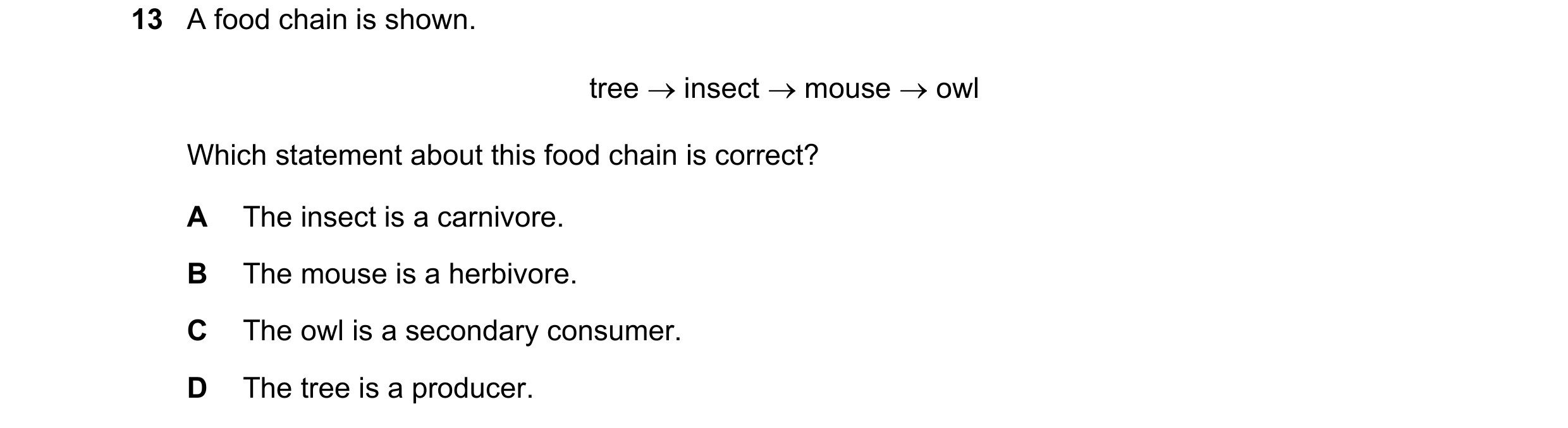 Question 69: A food chain is shown. tree insect mouse owl Which statement about this food chain is correct? A The insect is a carnivore. B The mou…