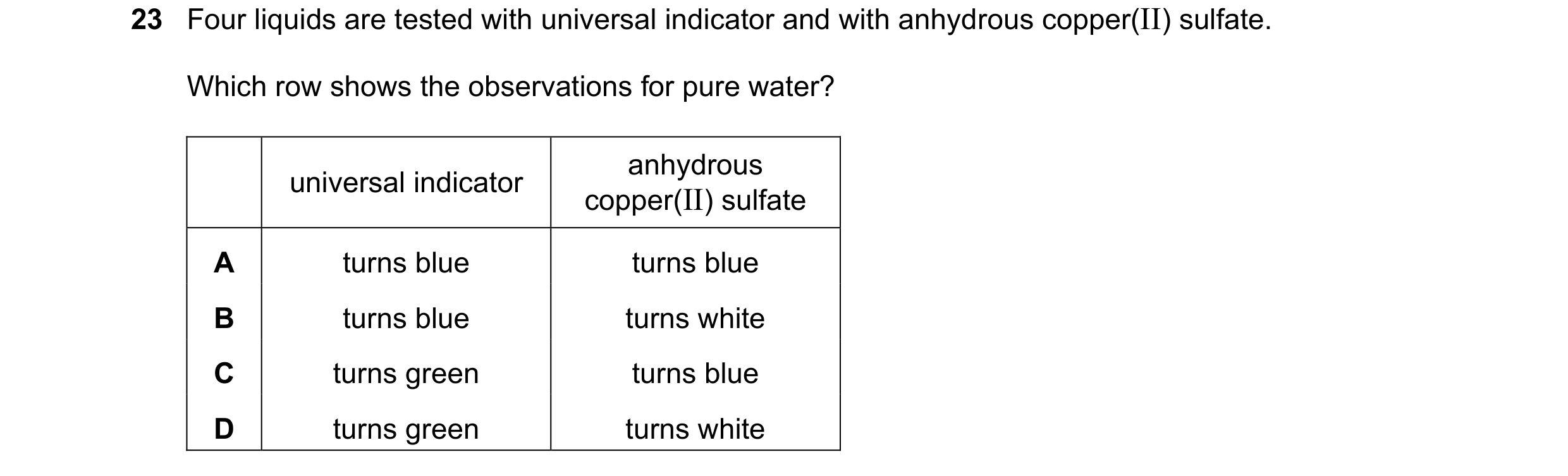 Question 47: Four liquids are tested with universal indicator and with anhydrous copper(II) sulfate. Which row shows the observations for pure water? an…