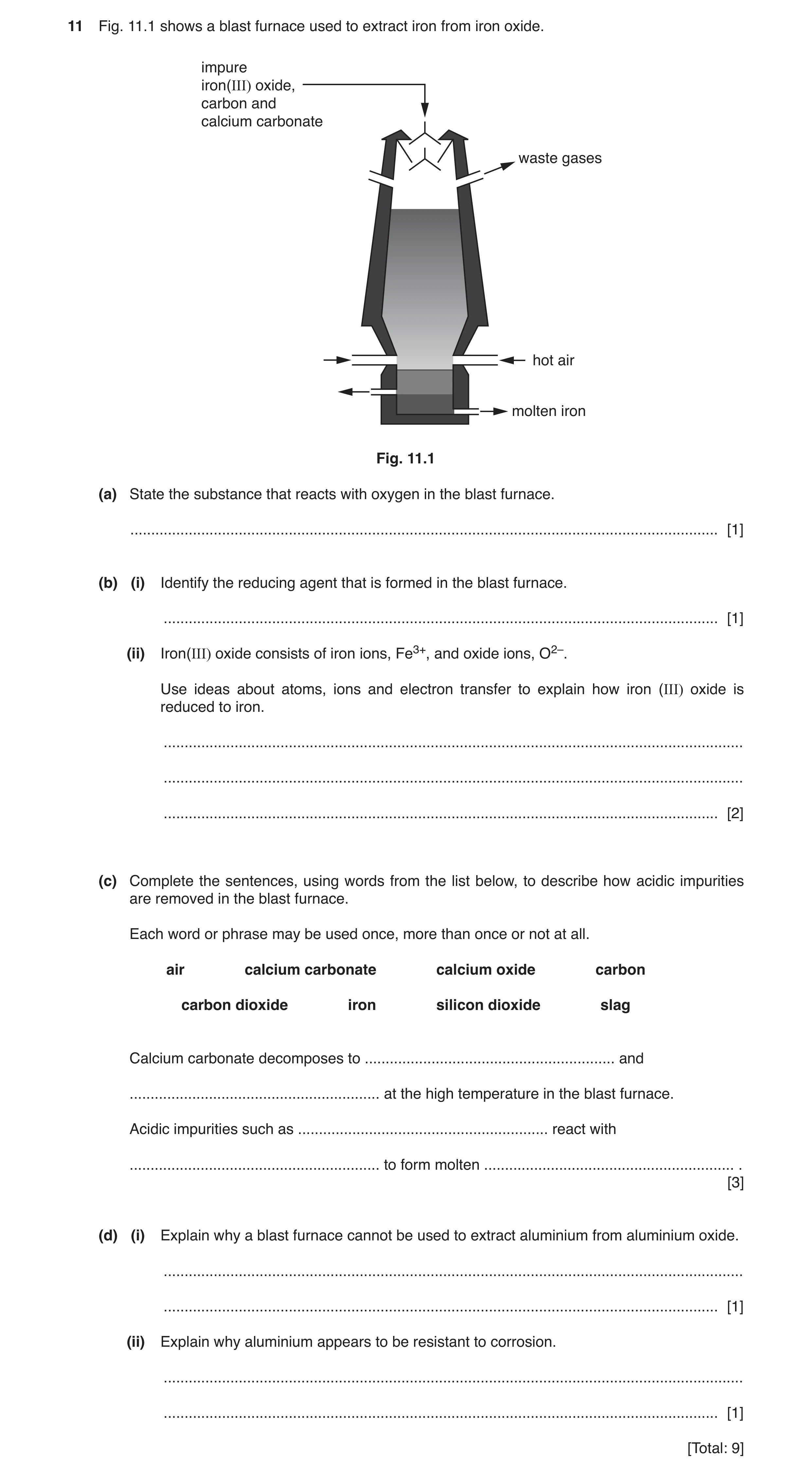 Question 4: Fig. 11.1 shows a blast furnace used to extract iron from iron oxide. impure iron(III) oxide, carbon and calcium carbonate waste gases hot …