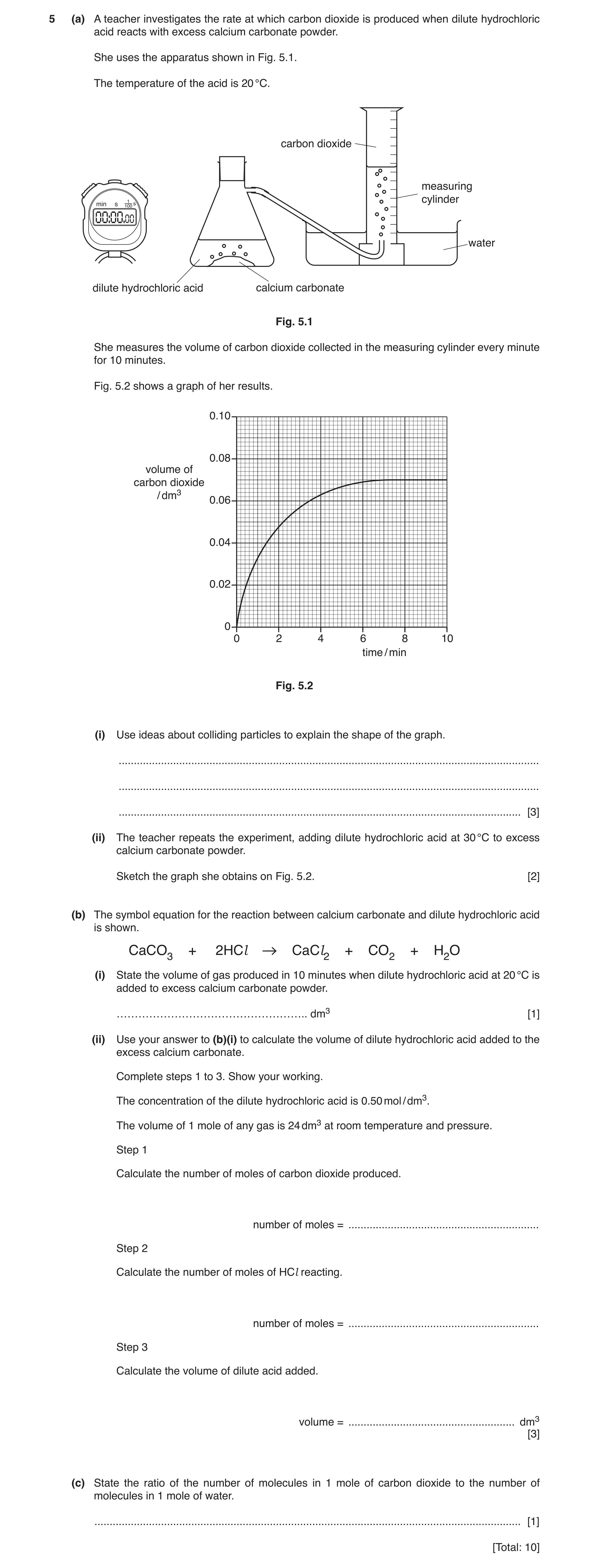 Question 8: (a) A teacher investigates the rate at which carbon dioxide is produced when dilute hydrochloric acid reacts with excess calcium carbonate …