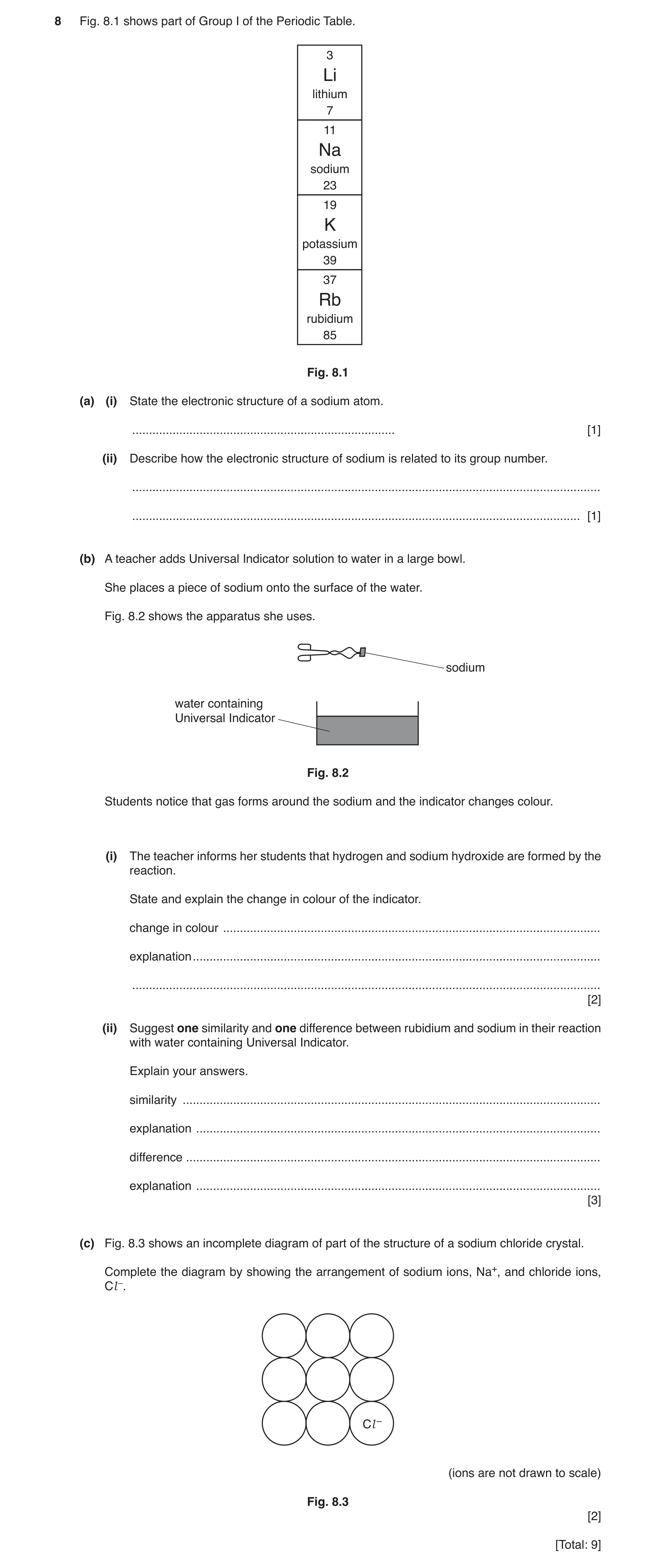 Question 6: Fig. 8.1 shows part of Group I of the Periodic Table. 3 Li lithium 7 11 Na sodium 23 19 K potassium 39 37 Rb rubidium 85 Fig. 8.1 (a) (i) S…
