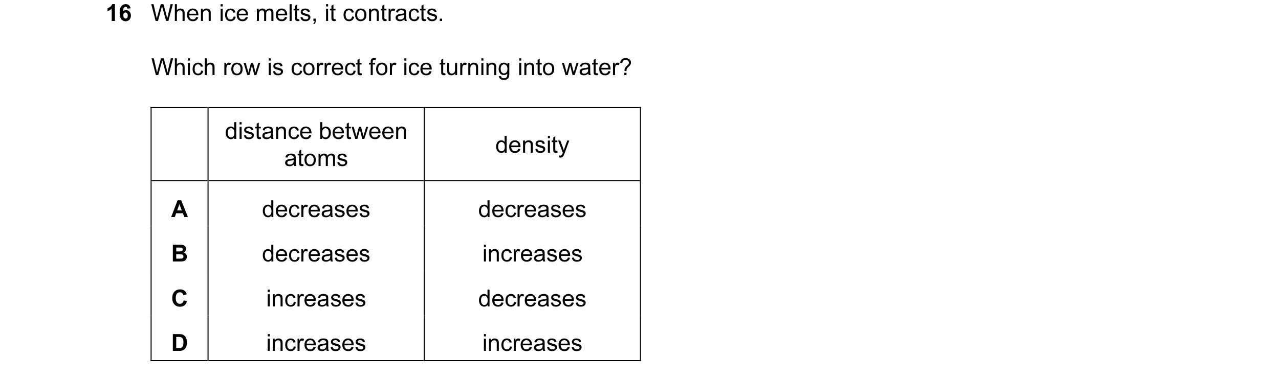 Question 20: When ice melts, it contracts. Which row is correct for ice turning into water? distance between density atoms A decreases decreases B decre…