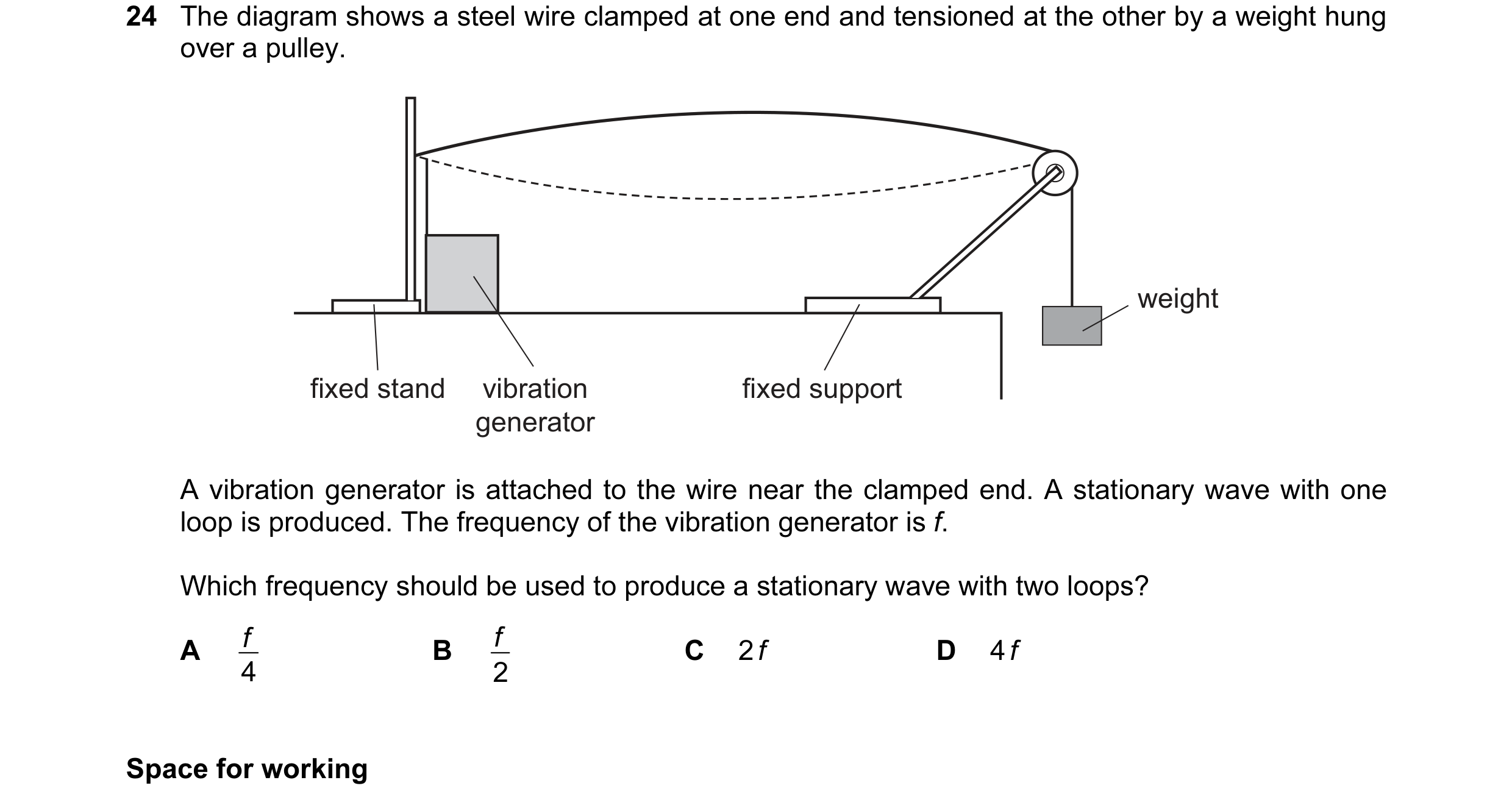 Question 15: The diagram shows a steel wire clamped at one end and tensioned at the other by a weight hung over a pulley. weight fixed stand vibration f…