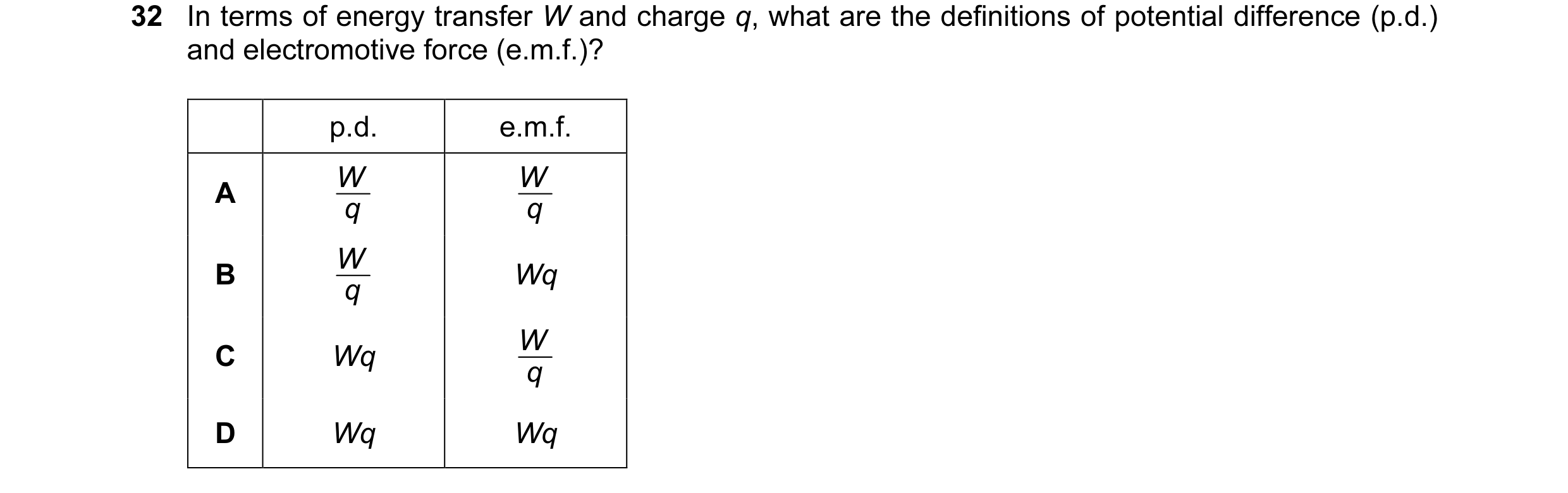 Question 20: In terms of energy transfer W and charge q, what are the definitions of potential difference (p.d.) and electromotive force (e.m.f.)? p.d. …