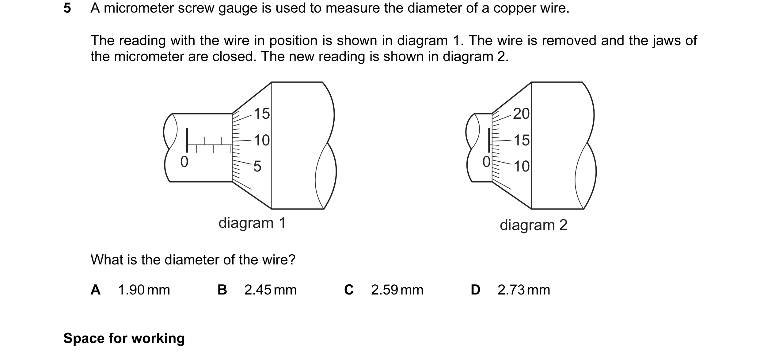 Question 20: A micrometer screw gauge is used to measure the diameter of a copper wire. The reading with the wire in position is shown in diagram 1. The…