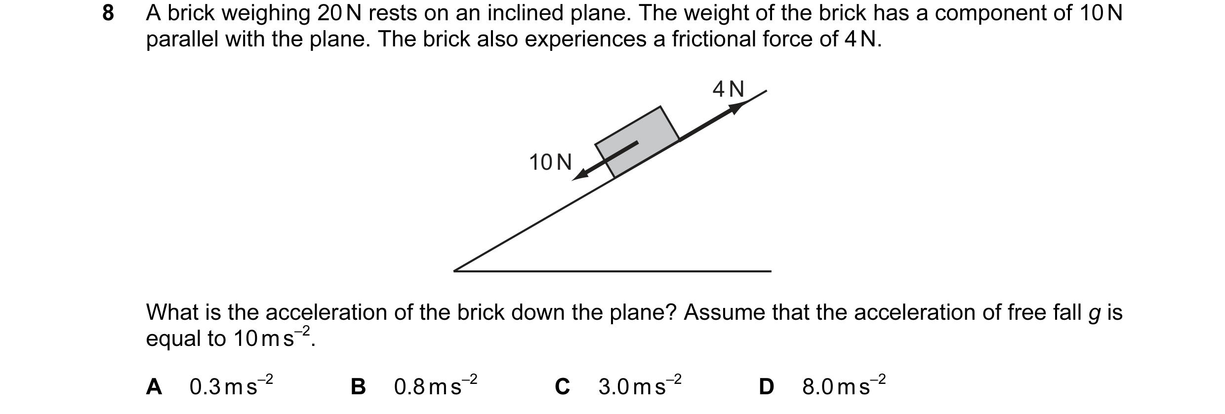 Question 14: A brick weighing 20 N rests on an inclined plane. The weight of the brick has a component of 10 N parallel with the plane. The brick also e…