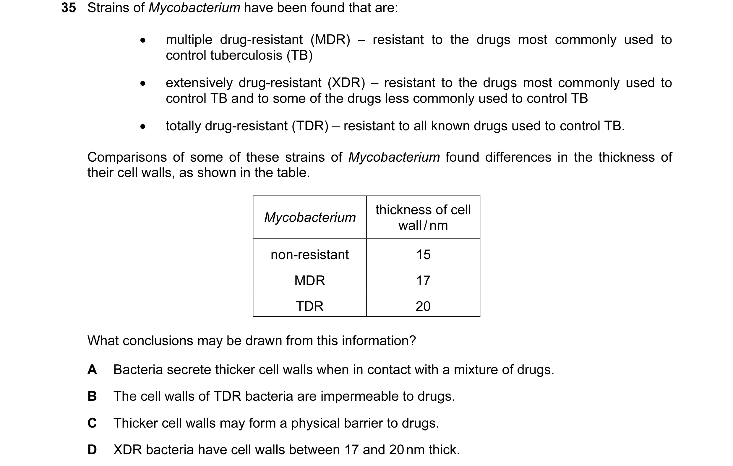 Question 21: Strains of Mycobacterium have been found that are: • multiple drug-resistant (MDR) – resistant to the drugs most commonly used to control t…