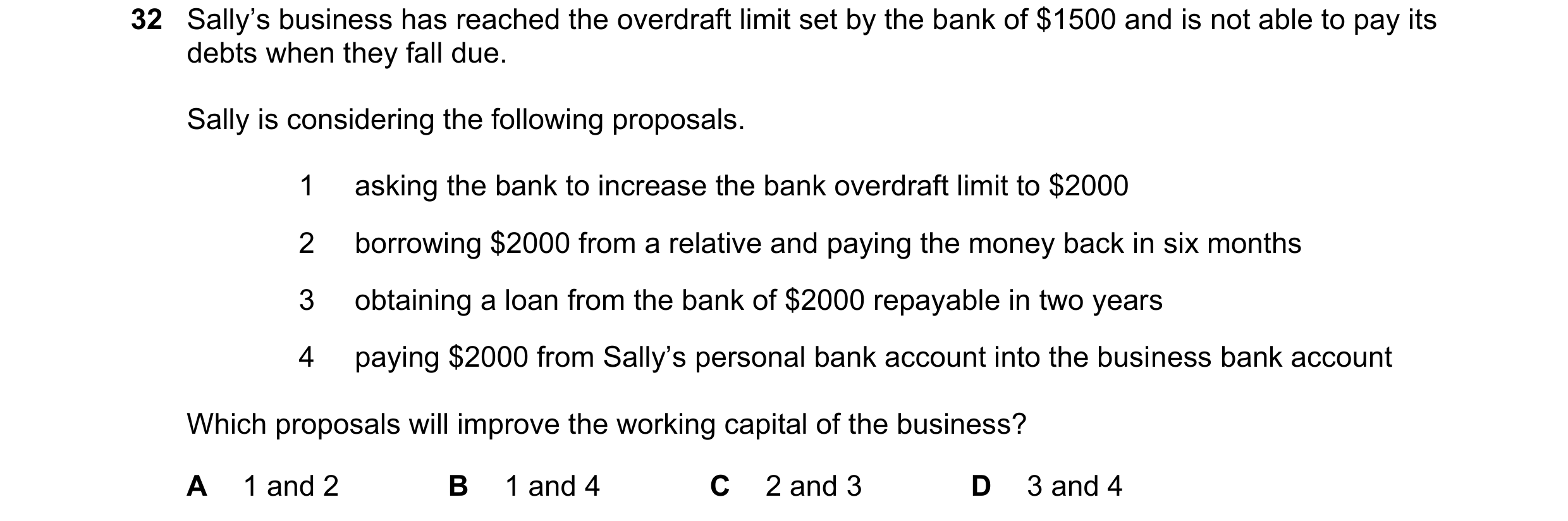 Question 22: Sally’s business has reached the overdraft limit set by the bank of $1500 and is not able to pay its debts when they fall due. Sally is con…