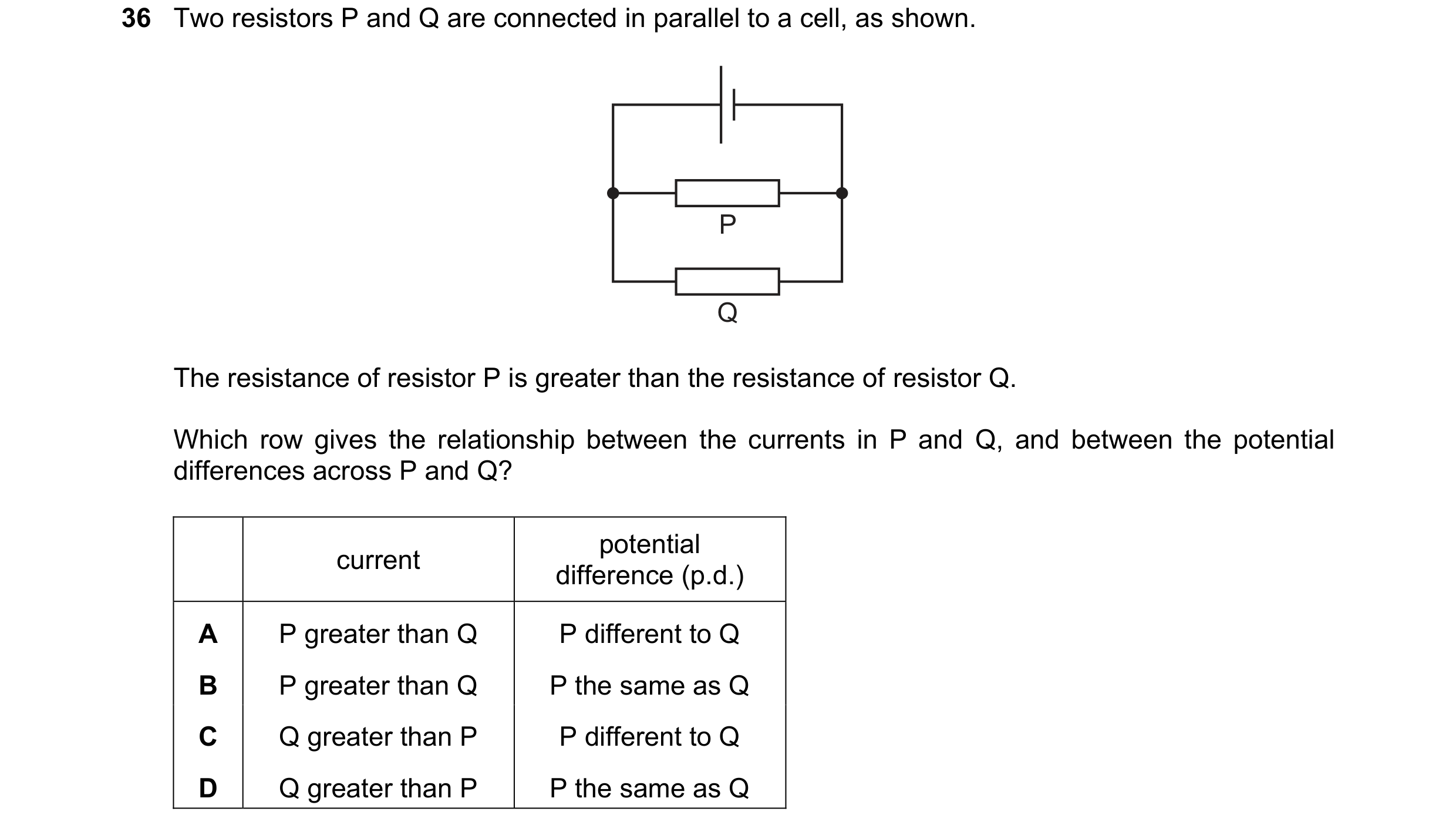Question 71: Two resistors P and Q are connected in parallel to a cell, as shown. P Q The resistance of resistor P is greater than the resistance of res…
