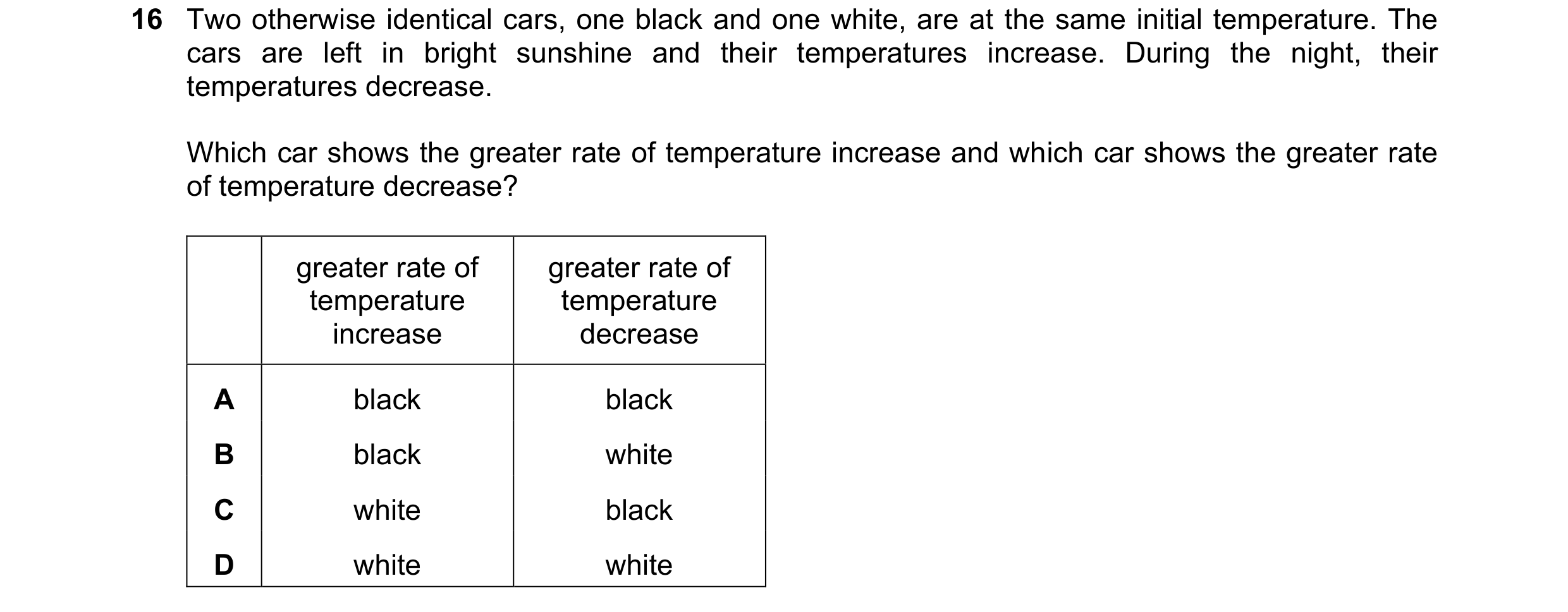 Question 85: Two otherwise identical cars, one black and one white, are at the same initial temperature. The cars are left in bright sunshine and their …