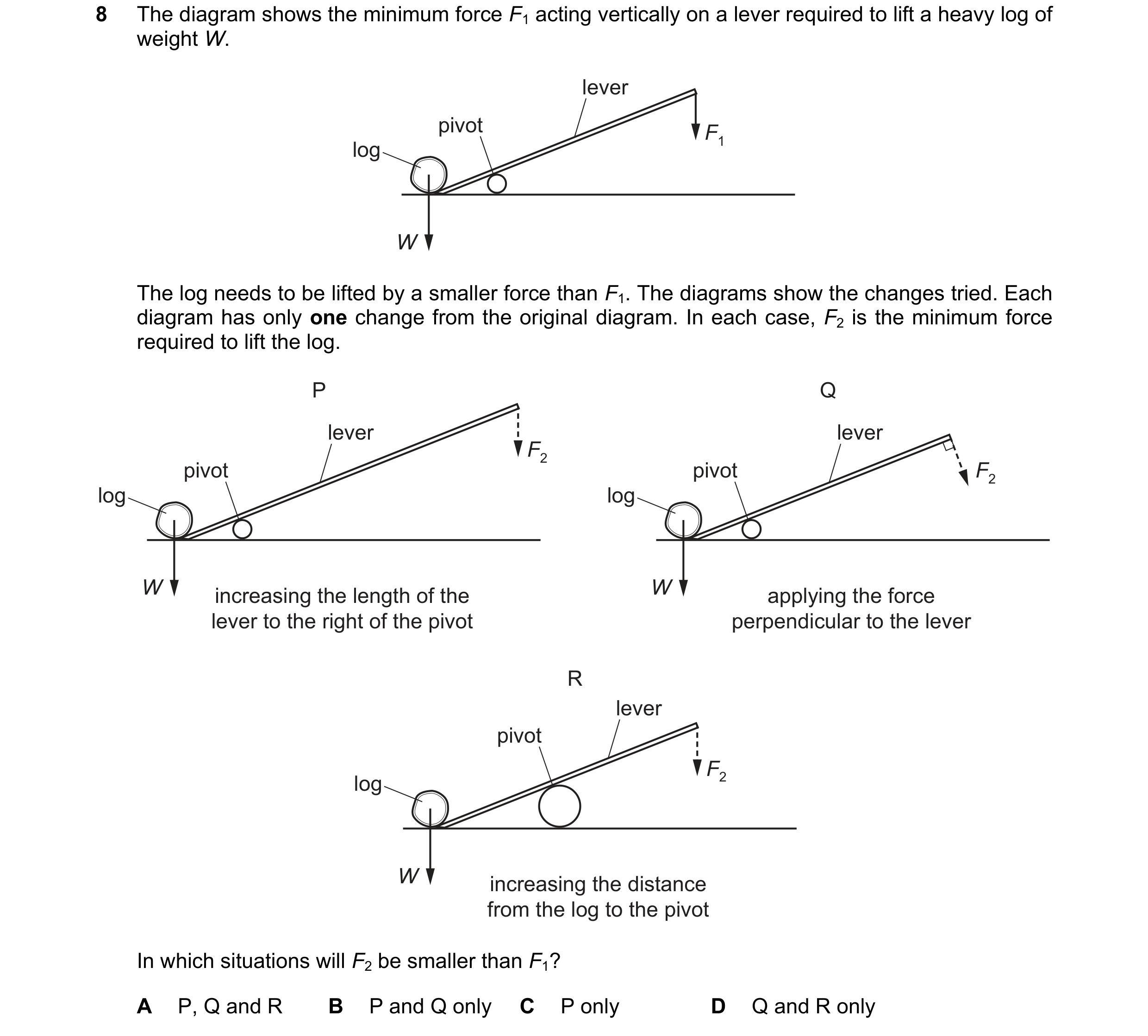 Question 193: The diagram shows the minimum force F1 acting vertically on a lever required to lift a heavy log of weight W. lever pivot F1 log W The log …