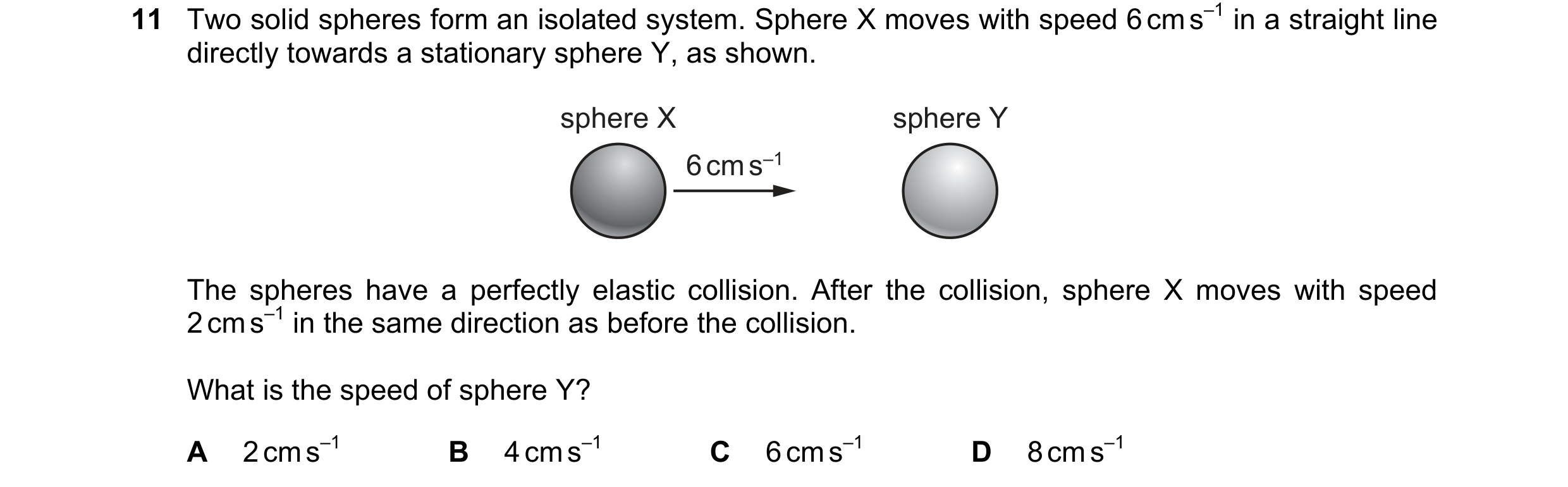 Question 107: Two solid spheres form an isolated system. Sphere X moves with speed 6 cm s–1 in a straight line directly towards a stationary sphere Y, as…