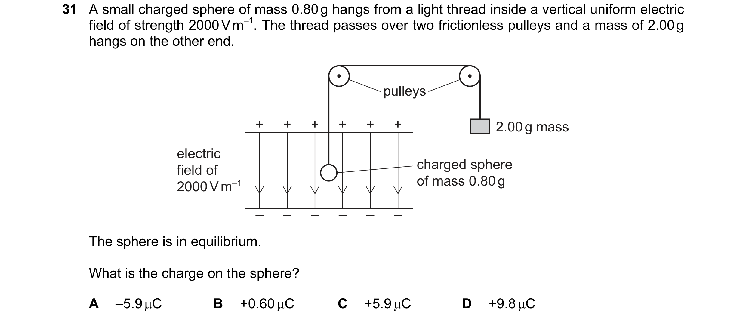 Question 78: A small charged sphere of mass 0.80 g hangs from a light thread inside a vertical uniform electric field of strength 2000 V m–1. The thread…