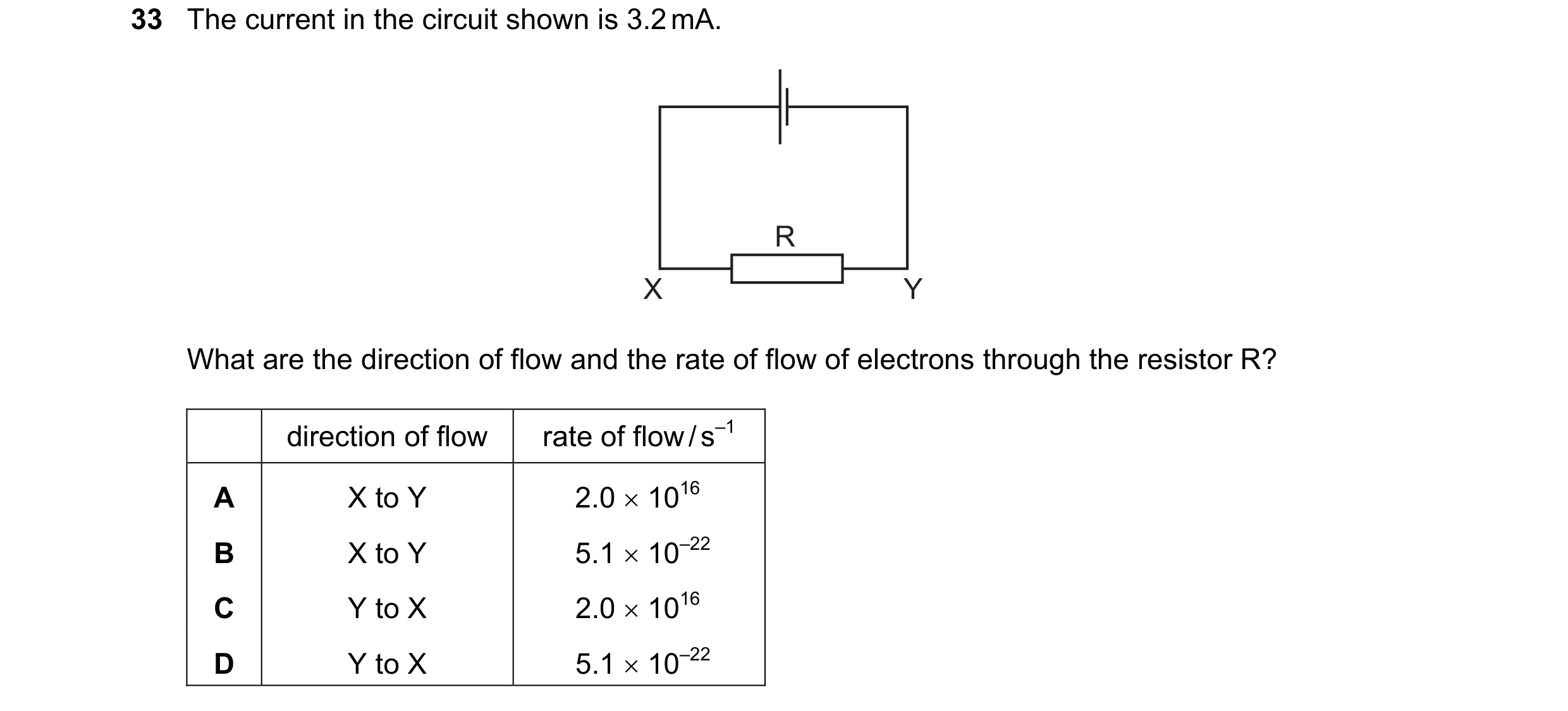 Question 43: The current in the circuit shown is 3.2 mA. R X Y What are the direction of flow and the rate of flow of electrons through the resistor R? …