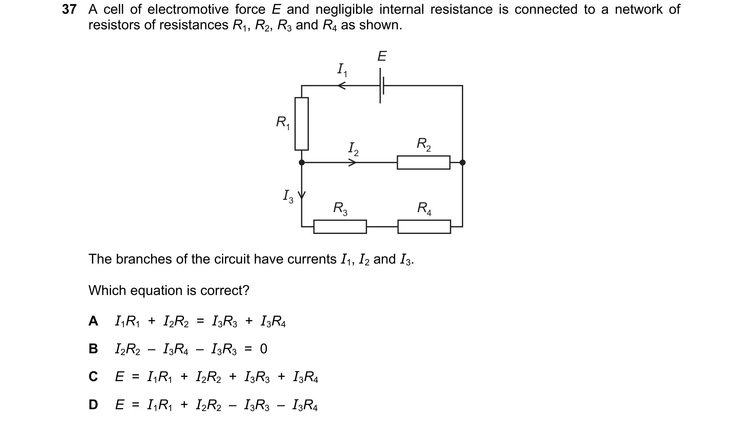 Question 32: A cell of electromotive force E and negligible internal resistance is connected to a network of resistors of resistances R1, R2, R3 and R4 …
