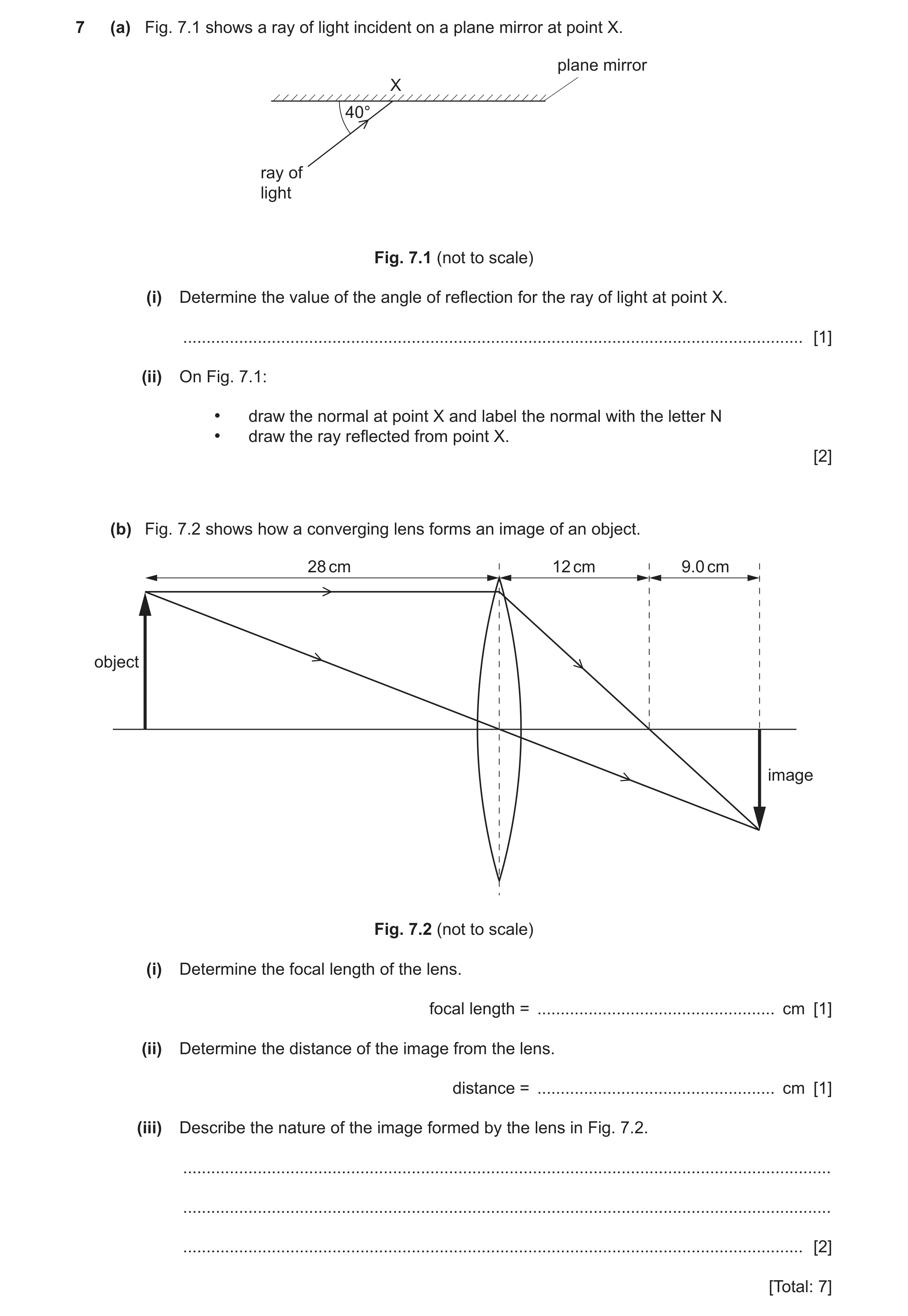 Question 22: (a) Fig. 7.1 shows a ray of light incident on a plane mirror at point X. plane mirror X 40° ray of light Fig. 7.1 (not to scale) (i) Determ…