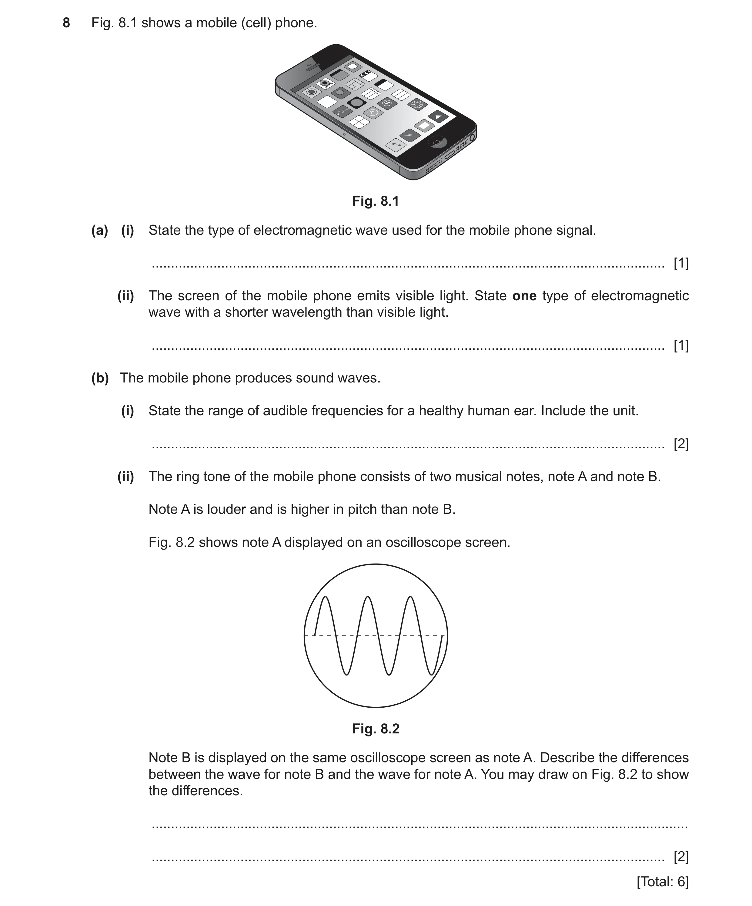 Question 16: Fig. 8.1 shows a mobile (cell) phone. Fig. 8.1 (a) (i) State the type of electromagnetic wave used for the mobile phone signal. ...........…