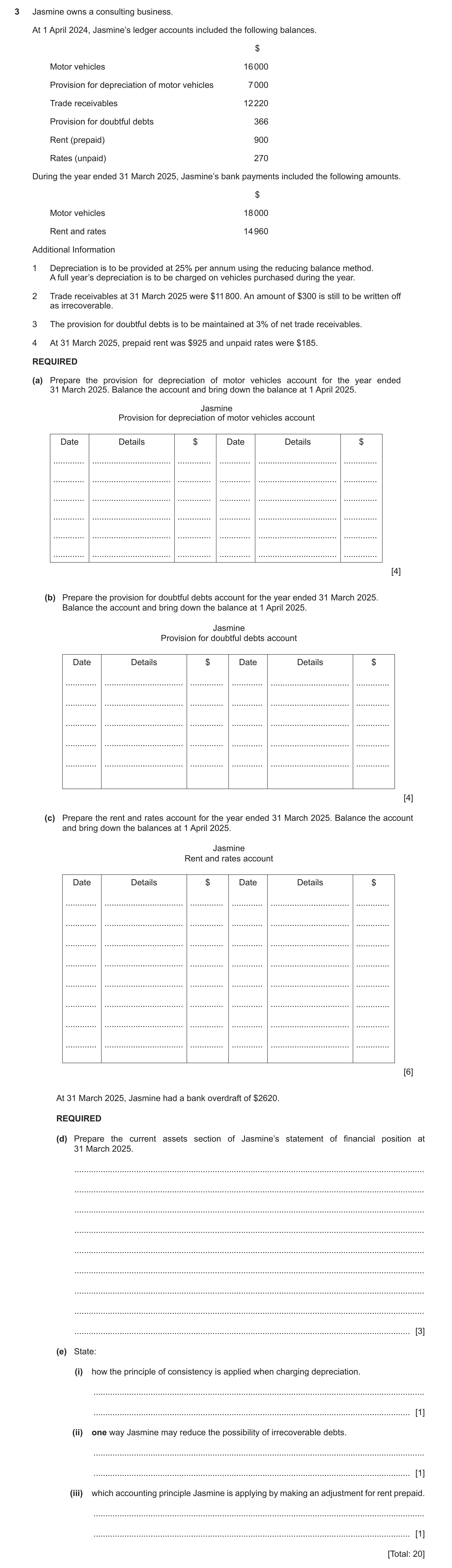 Question 13: Jasmine owns a consulting business. At 1 April 2024, Jasmine’s ledger accounts included the following balances. $ Motor vehicles 16 000 Pro…