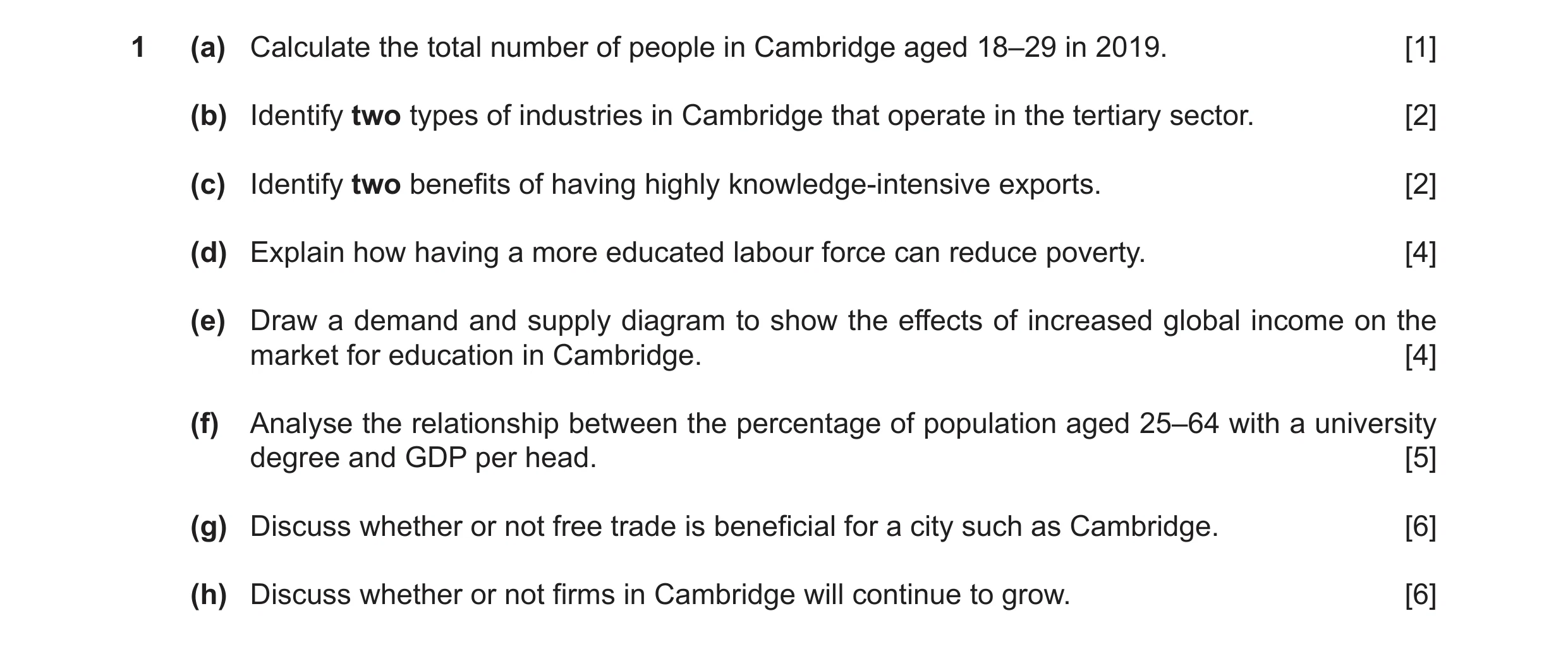Question 27: (a) Calculate the total number of people in Cambridge aged 18–29 in 2019. [1] (b) Identify two types of industries in Cambridge that operat…