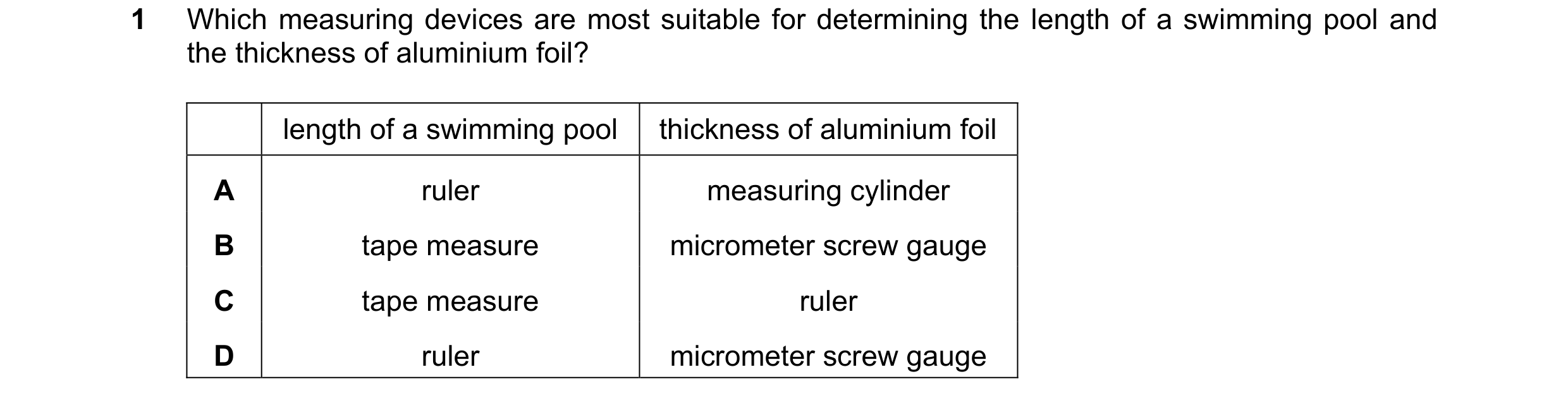 Question 15: Which measuring devices are most suitable for determining the length of a swimming pool and the thickness of aluminium foil? length of a sw…