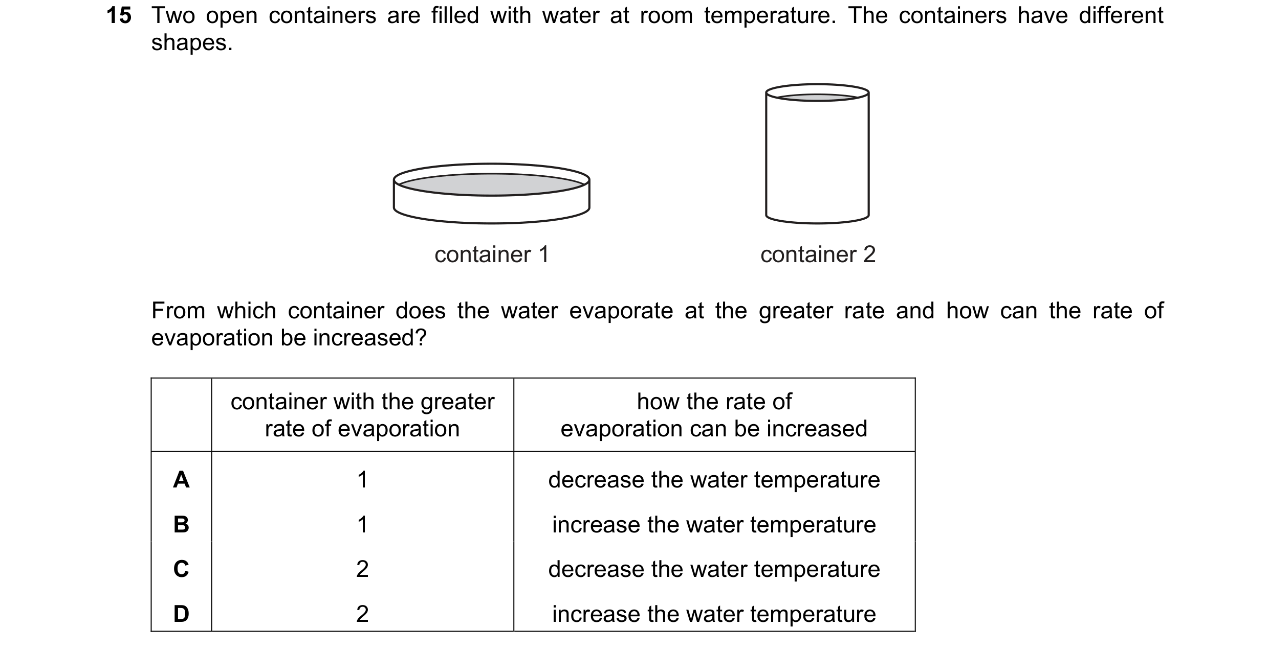 Question 25: Two open containers are filled with water at room temperature. The containers have different shapes. container 1 container 2 From which con…