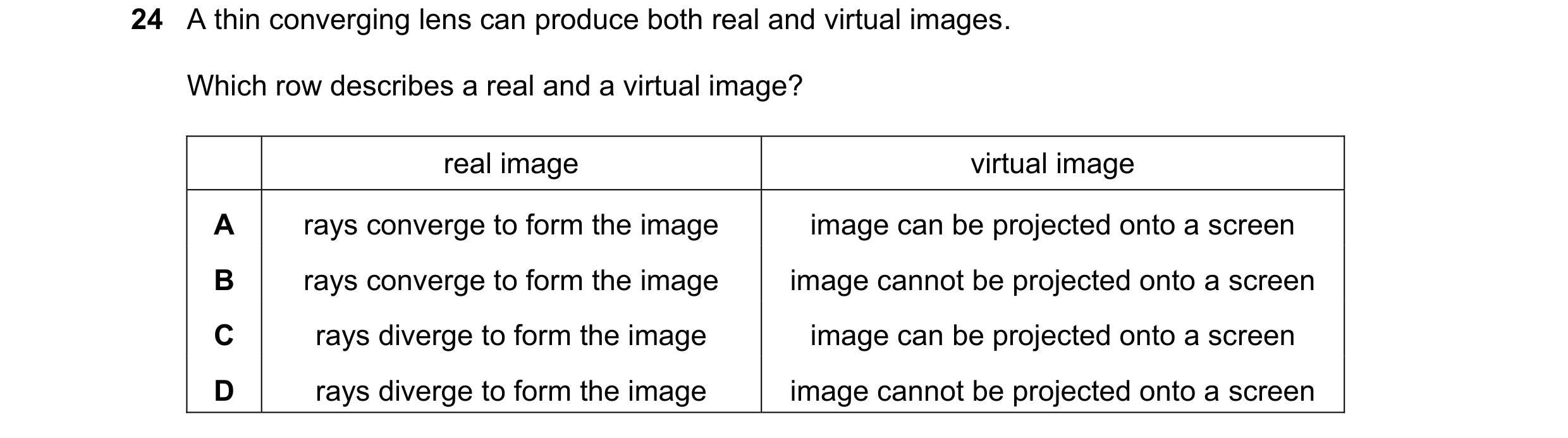 Question 27: A thin converging lens can produce both real and virtual images. Which row describes a real and a virtual image? real image virtual image A…