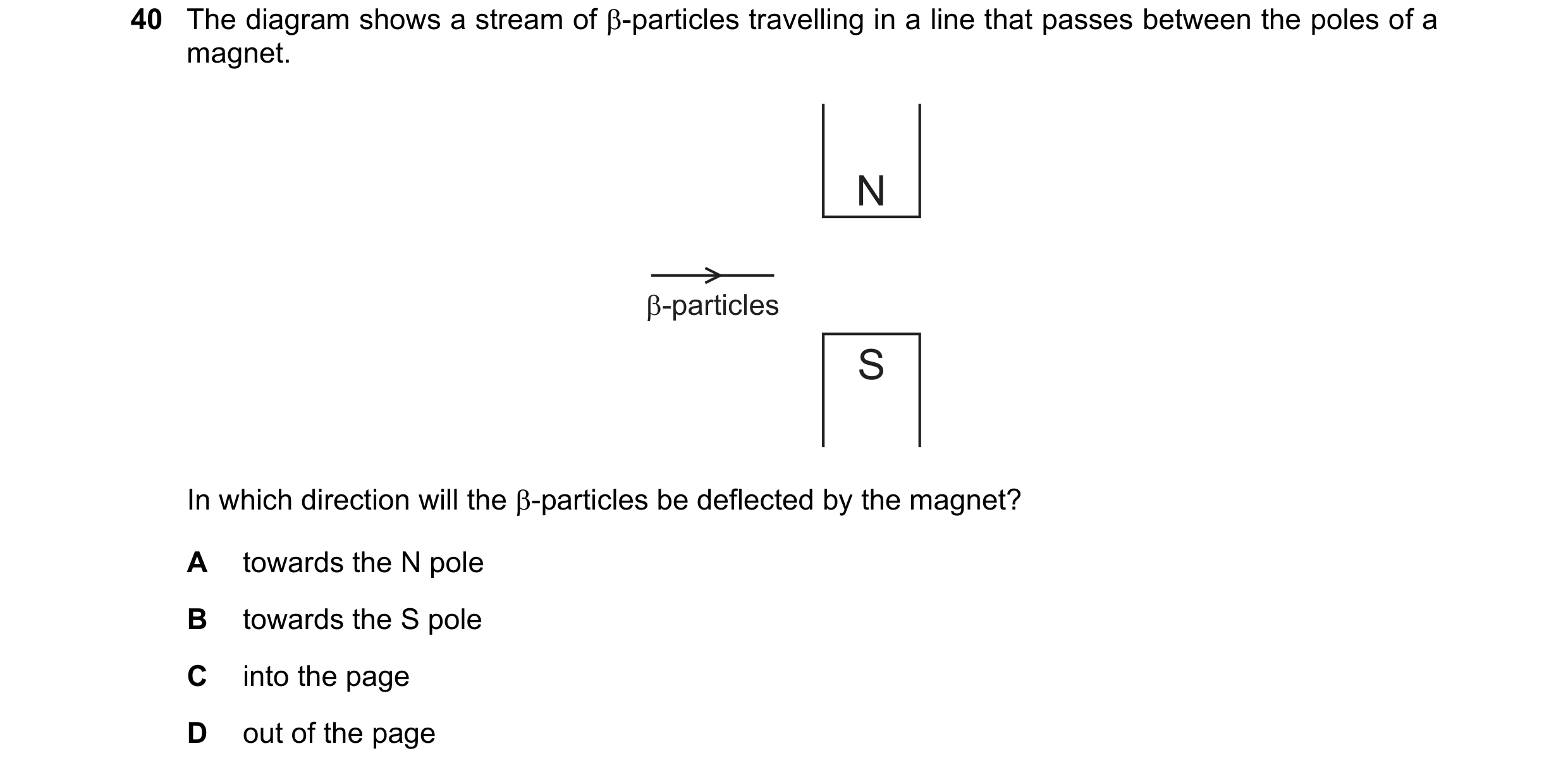 Question 34: The diagram shows a stream of B-particles travelling in a line that passes between the poles of a
magnet.
Oo
B-particles
In which directi…