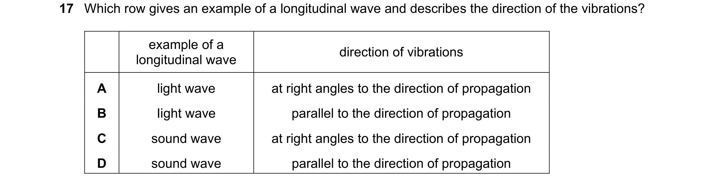 Question 169: Which row gives an example of a longitudinal wave and describes the direction of the vibrations? example of a direction of vibrations longi…