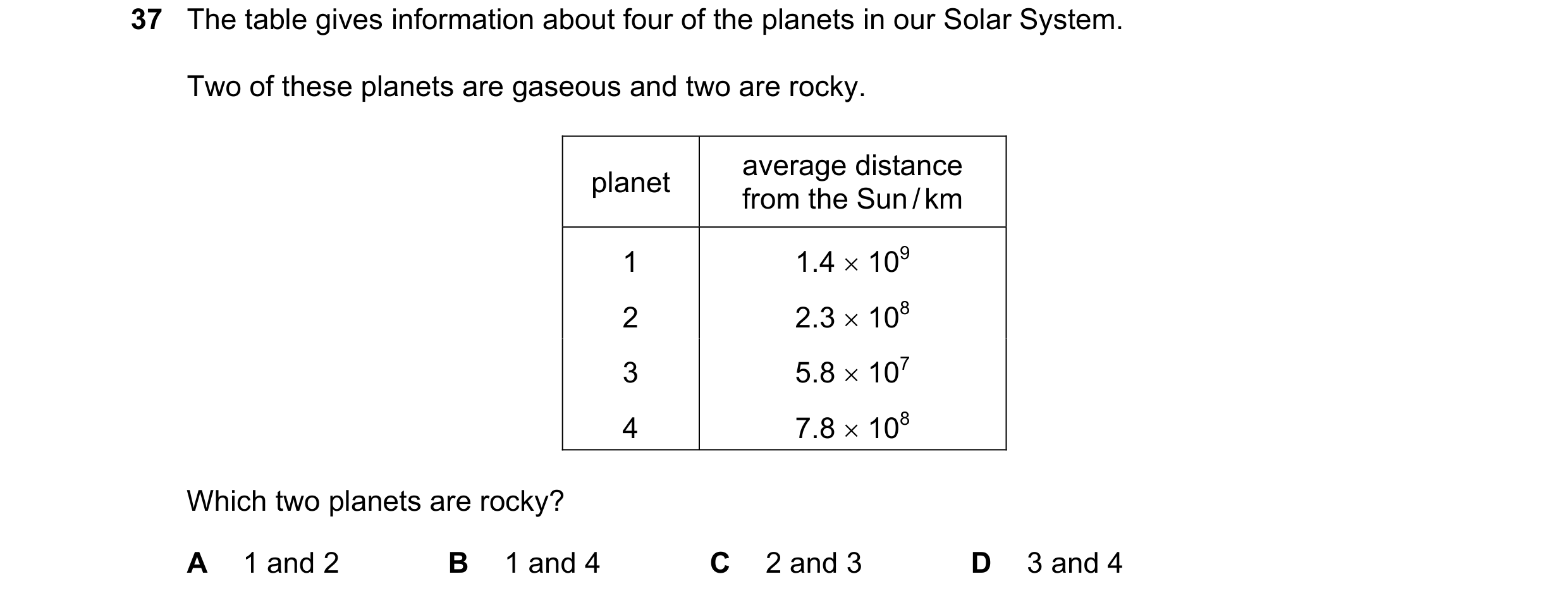 Question 10: The table gives information about four of the planets in our Solar System. Two of these planets are gaseous and two are rocky. average dist…