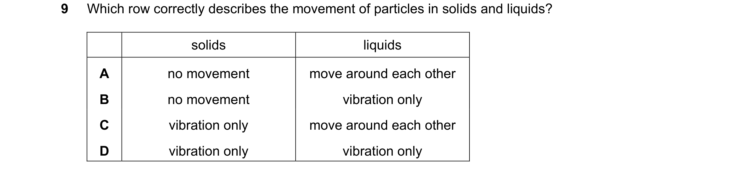 Question 239: Which row correctly describes the movement of particles in solids and liquids? solids liquids A no movement move around each other B no mov…