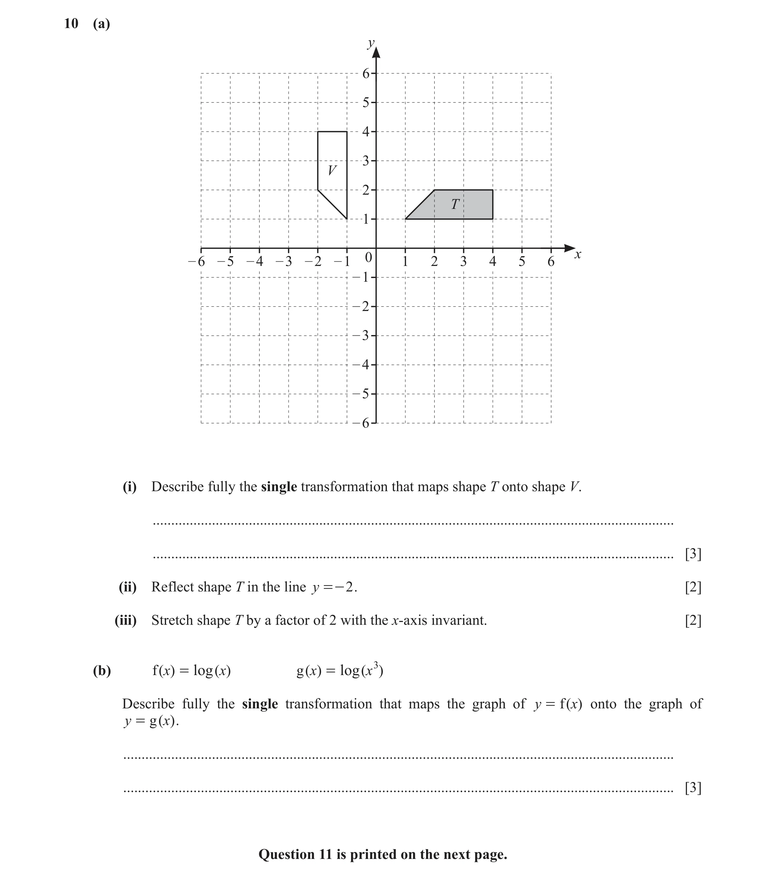 Question 24: (a) y 6 5 4 3 V 2 T 1 x – 6 – 5 – 4 – 3 – 2 – 1 0 1 2 3 4 5 6 – 1 – 2 – 3 – 4 – 5 – 6 (i) Describe fully the single transformation that map…