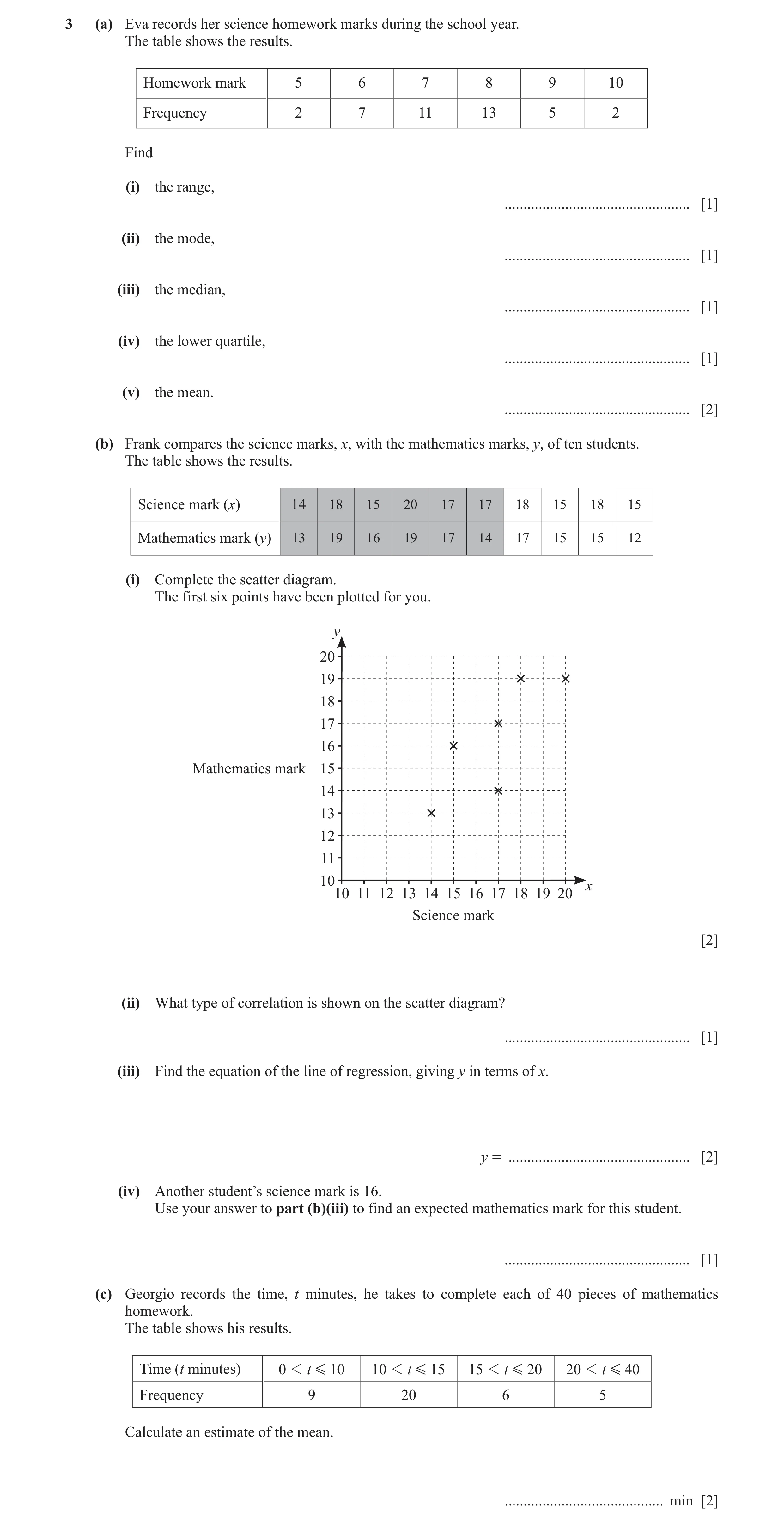 Question 11: (a) Eva records her science homework marks during the school year. The table shows the results. Homework mark 5 6 7 8 9 10 Frequency 2 7 11…