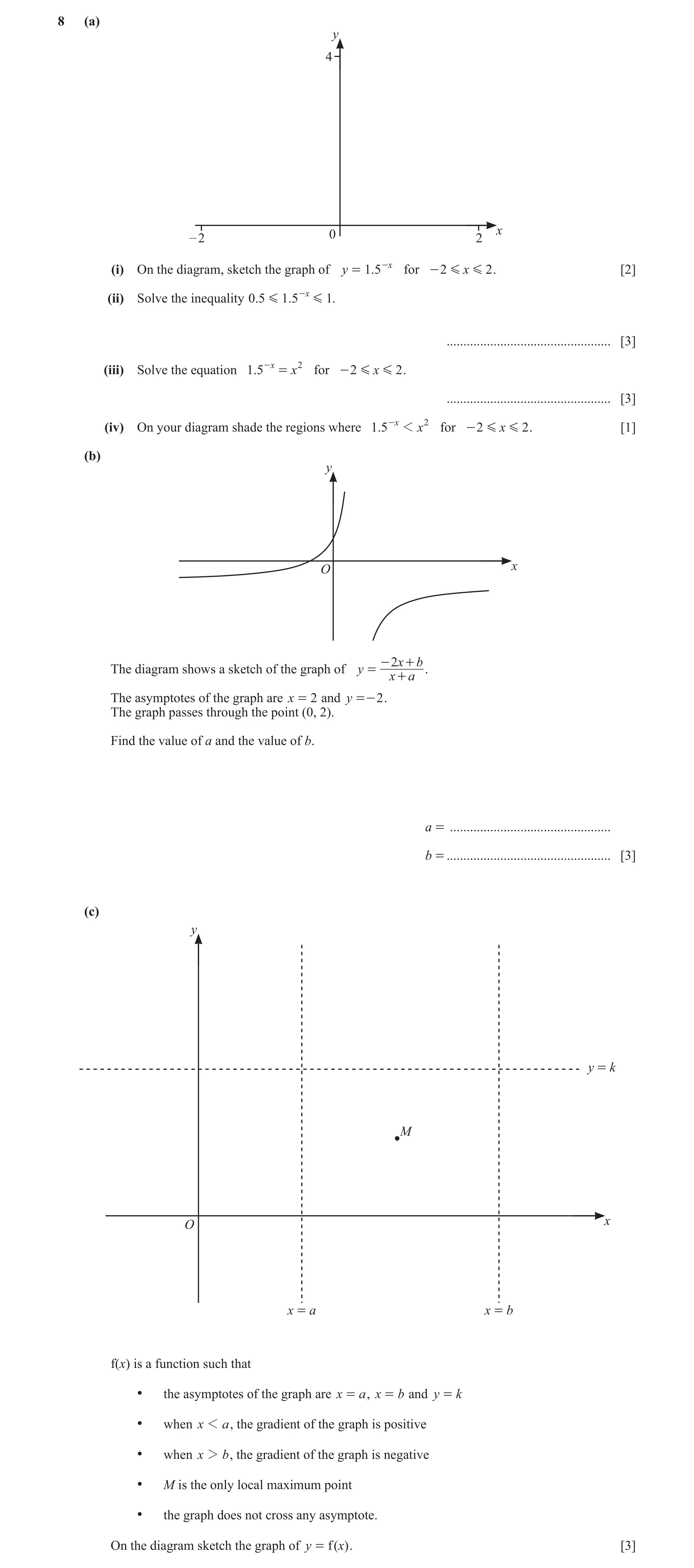 Question 12: (a) y 4 x – 2 0 2 (i) On the diagram, sketch the graph of y = 1.5 -x for - 2 G x G 2 . [2] (ii) Solve the inequality 0.5 G 1.5 -x G 1. ....…