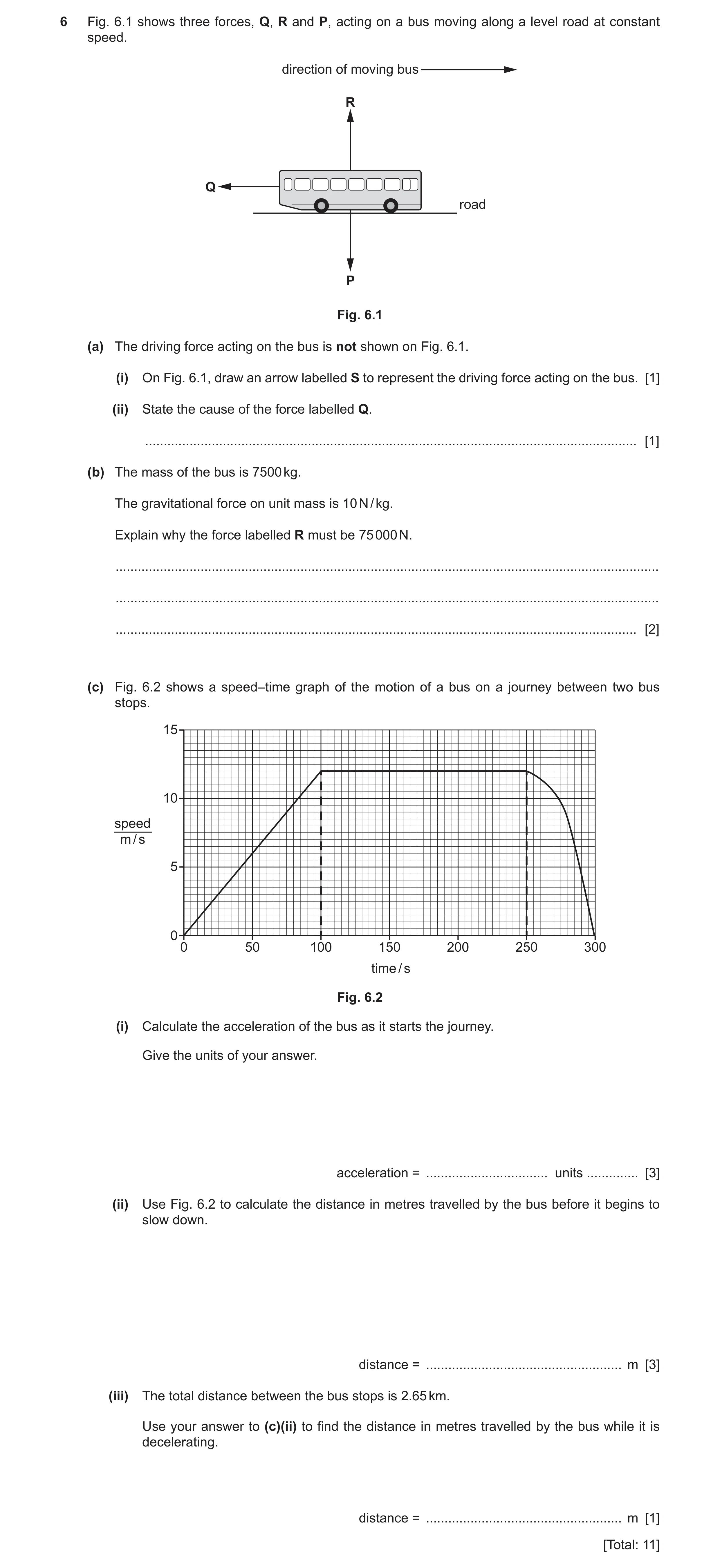Question 32: Fig. 6.1 shows three forces, Q, R and P, acting on a bus moving along a level road at constant speed. direction of moving bus R Q road P Fi…