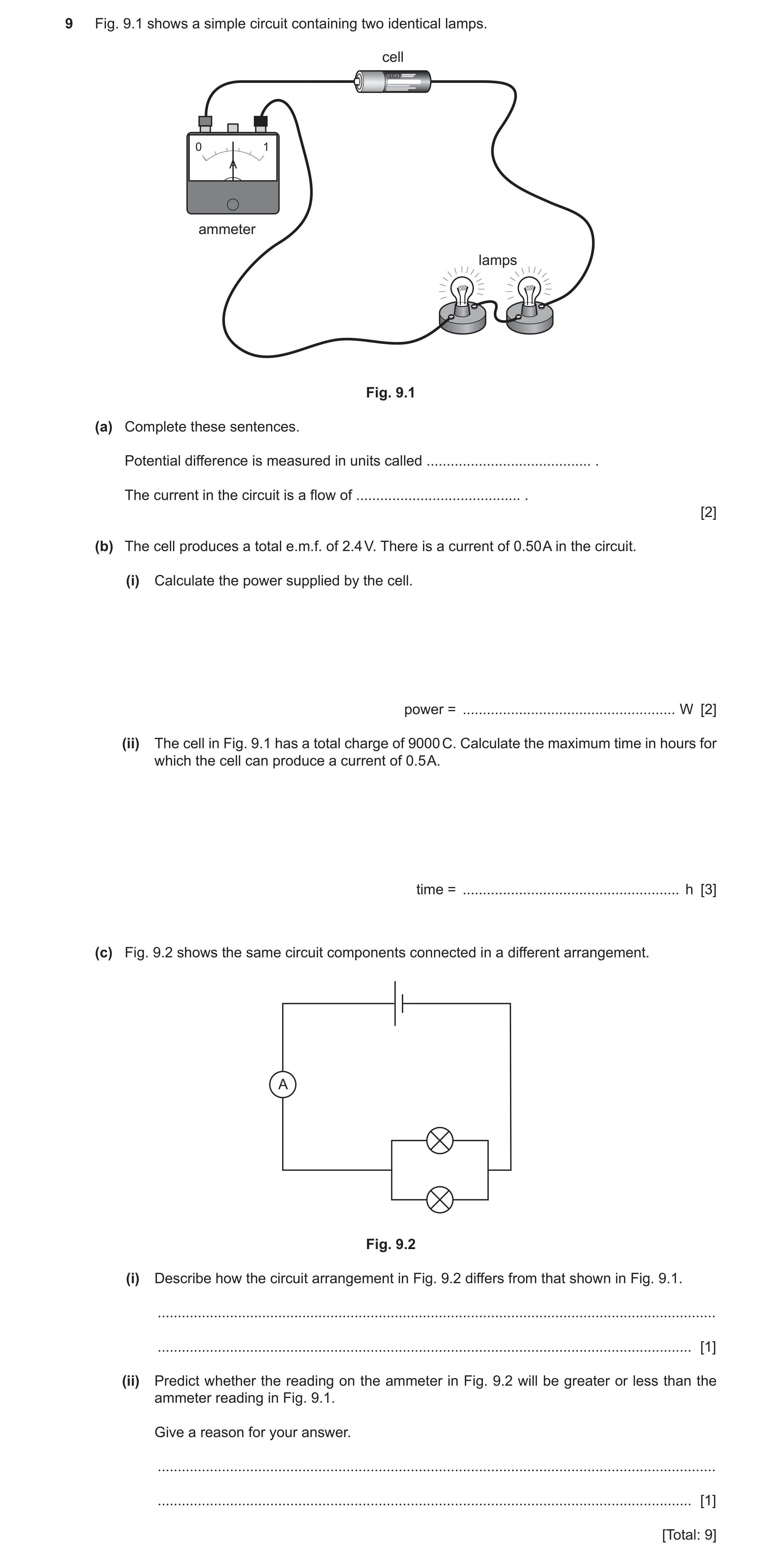 Question 28: Fig. 9.1 shows a simple circuit containing two identical lamps. cell 0 1 A ammeter lamps Fig. 9.1 (a) Complete these sentences. Potential d…