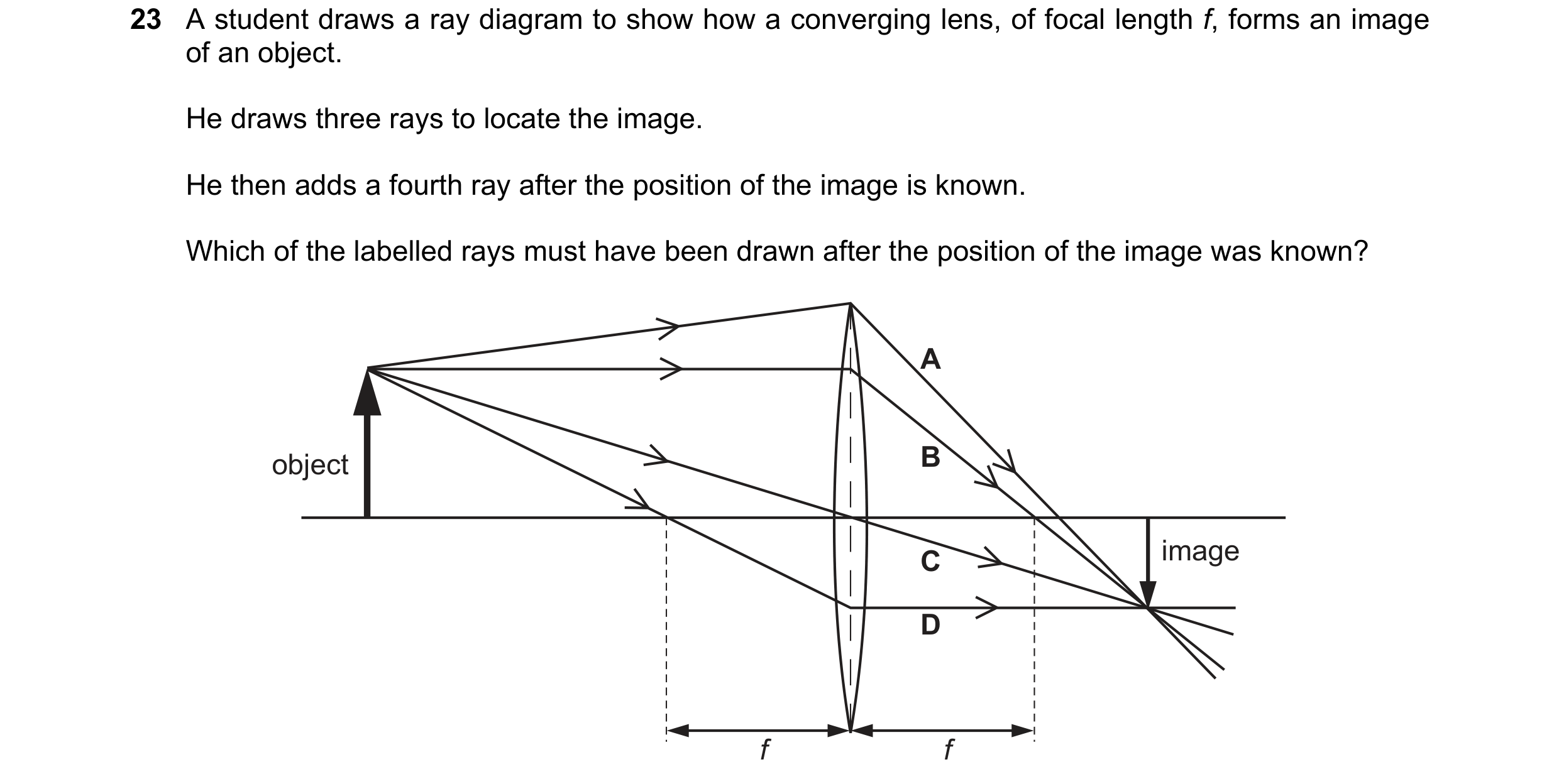 Question 103: A student draws a ray diagram to show how a converging lens, of focal length f, forms an image of an object. He draws three rays to locate …